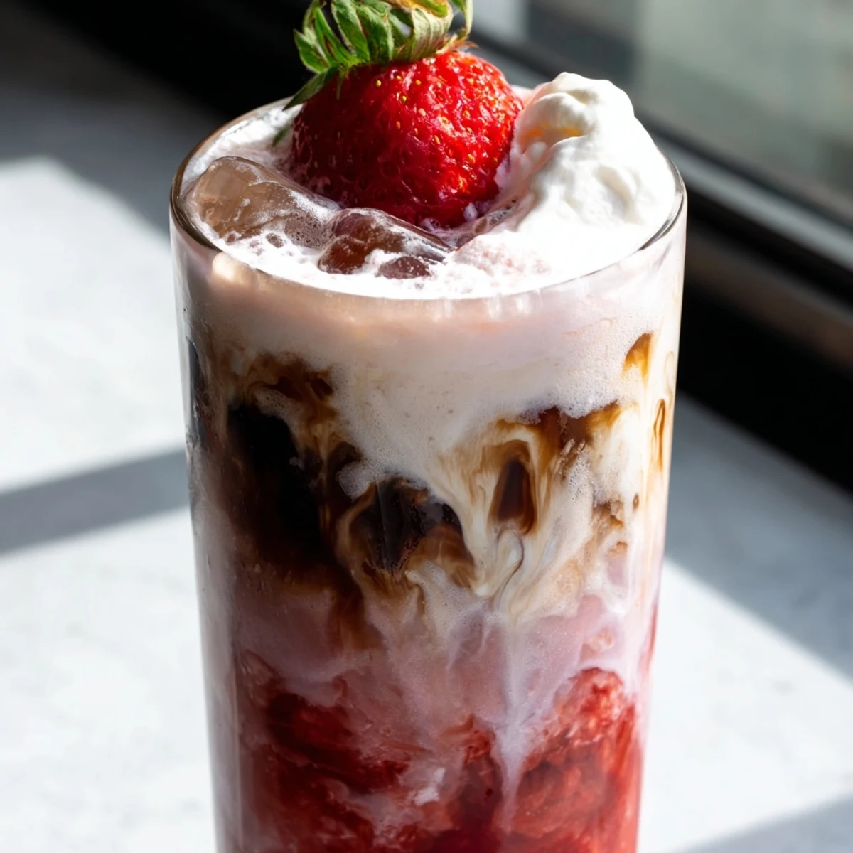 Creamy strawberry cold latte in a tall glass with swirled pink layers and ice