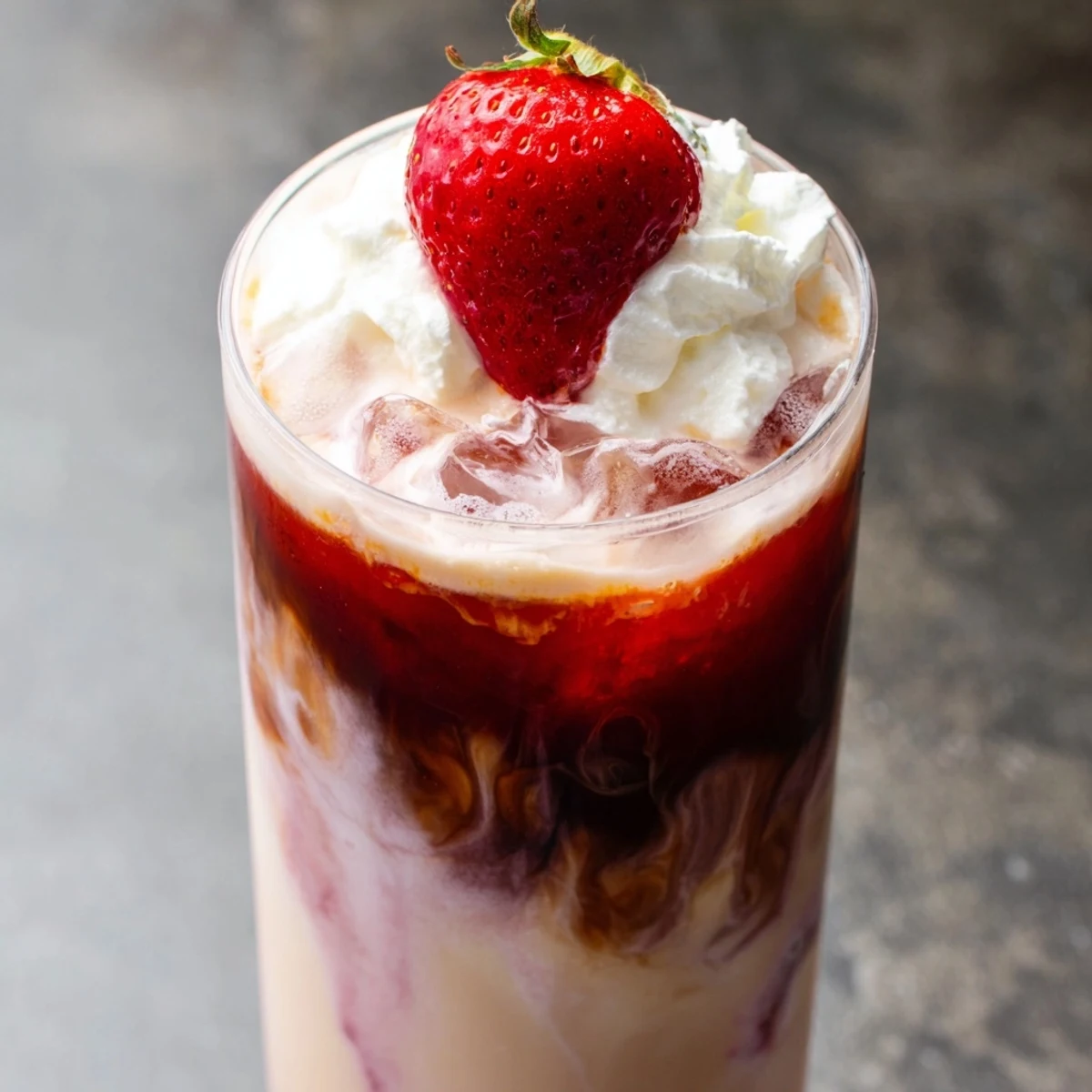 Iced strawberry cream latte topped with whipped cream and fresh strawberry garnish