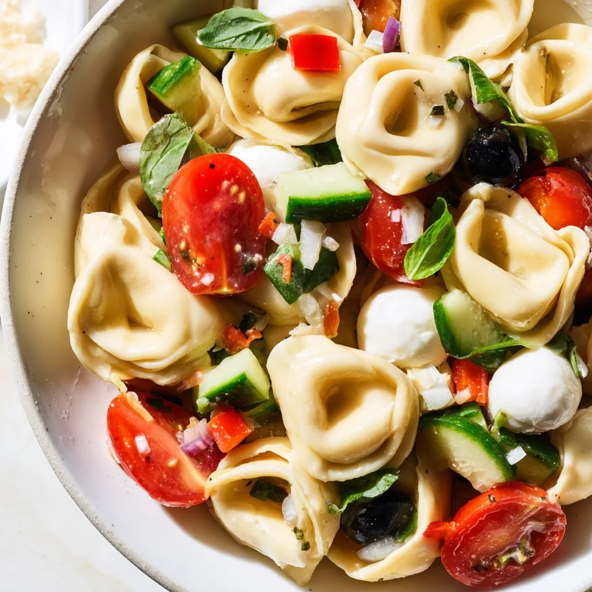Colorful tortellini salad with cherry tomatoes, cucumbers, and mozzarella in zesty Italian dressing