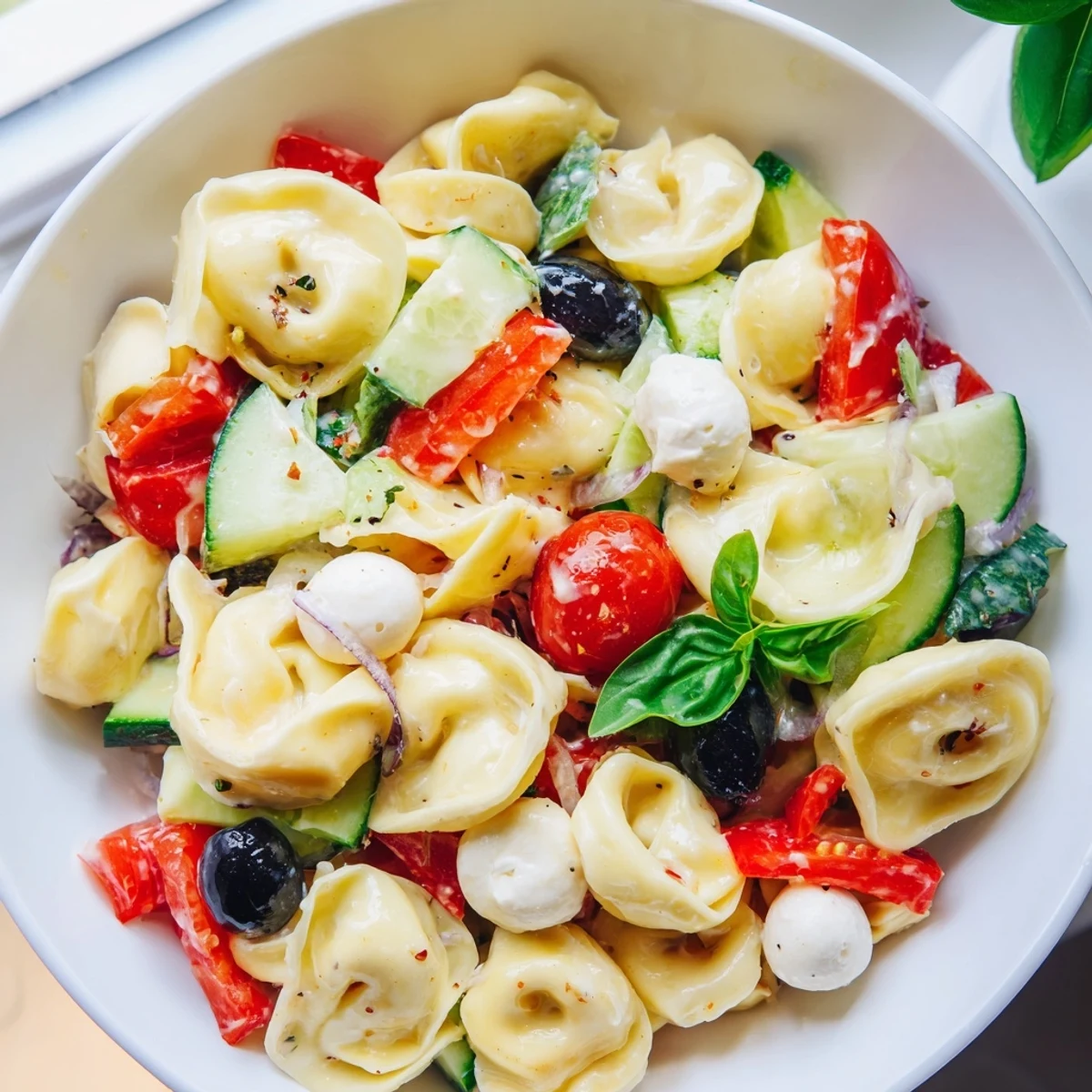 Cheese tortellini salad tossed with crisp vegetables and herbs in a light vinaigrette