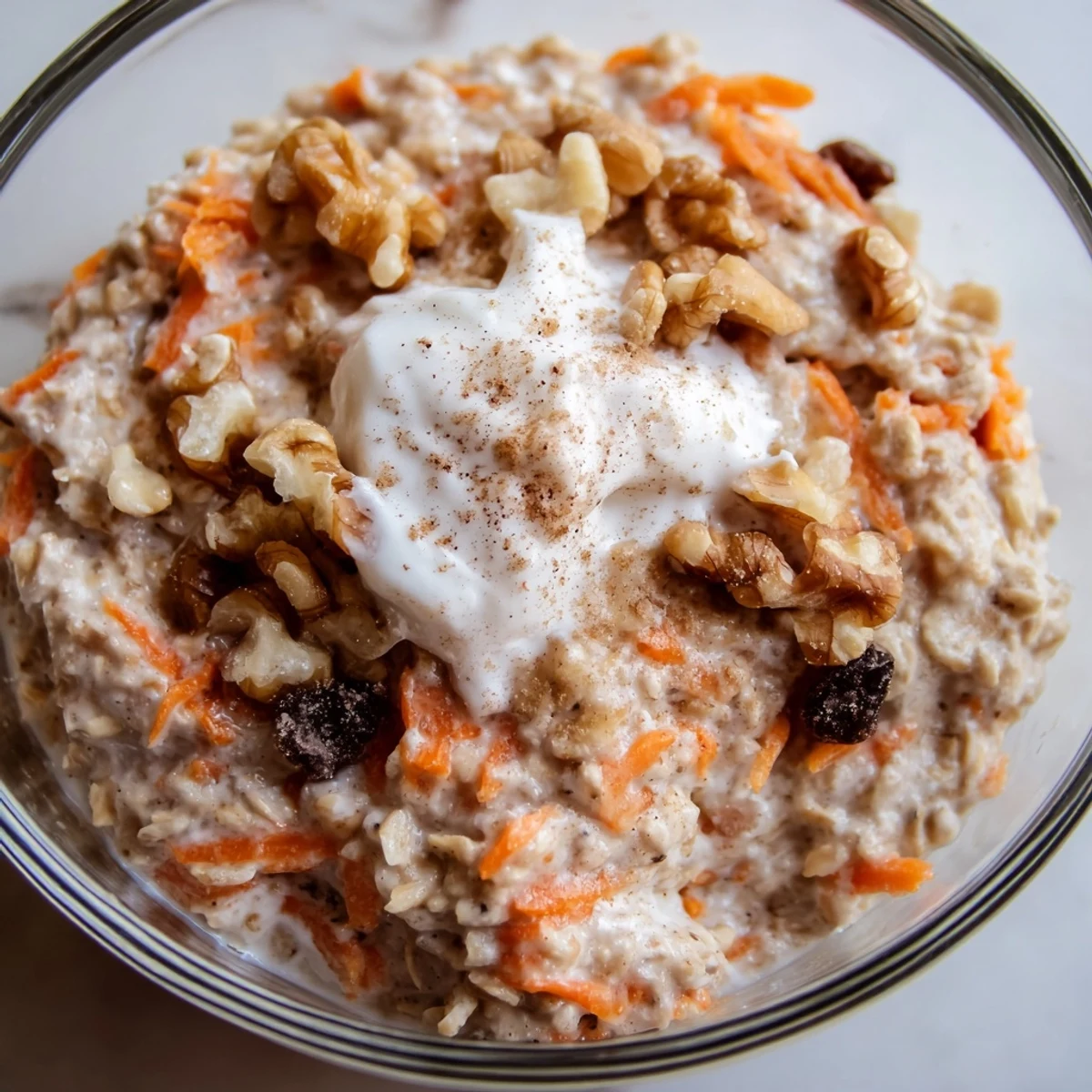 Carrot cake overnight oats with grated carrots, raisins, and a cinnamon sprinkle