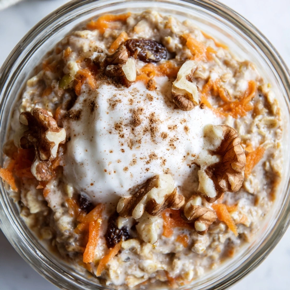 Spoon scooping into thick carrot cake overnight oats served in a mason jar