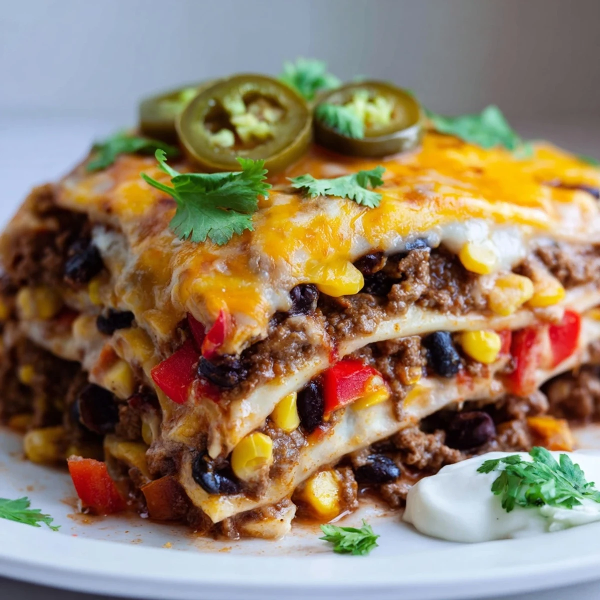 Golden bubbly Mexican lasagna with layers of seasoned beef, beans, and melted cheese