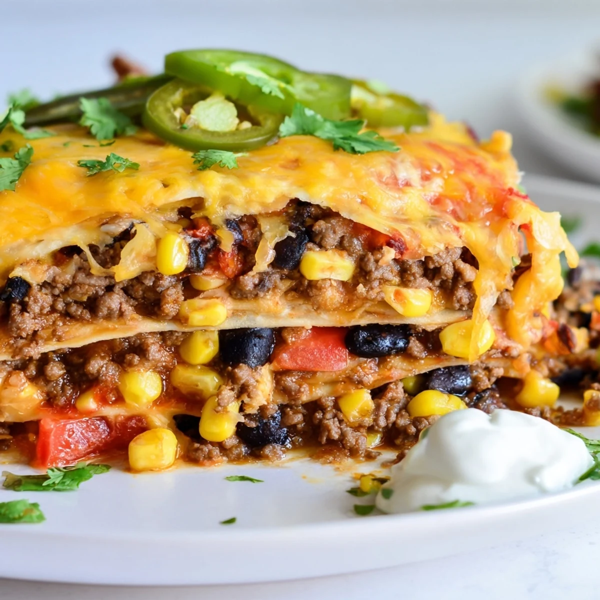 Mexican lasagna fresh from the oven with gooey cheese and colorful Tex-Mex filling