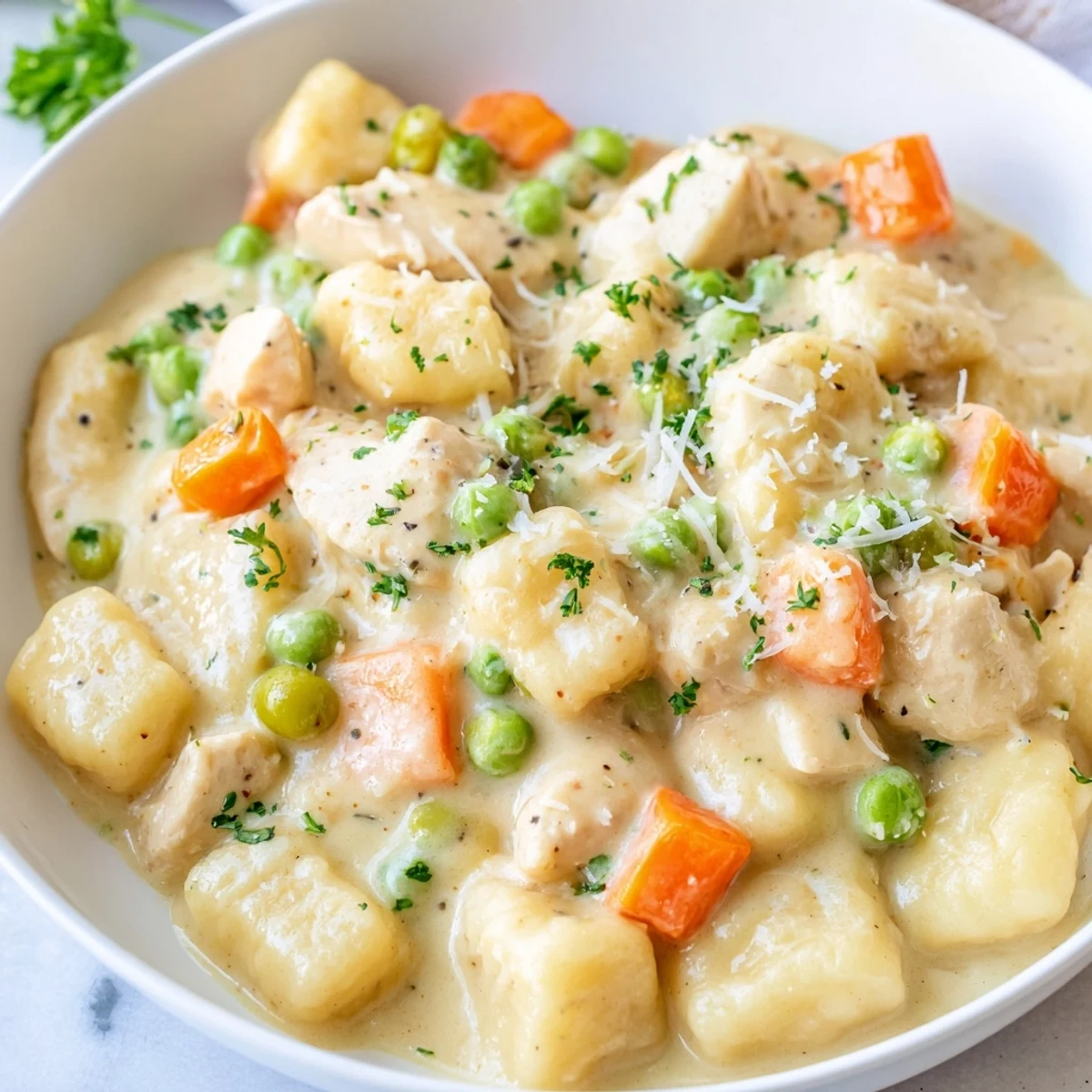 Creamy one pot gnocchi chicken pot pie in a cast iron skillet with tender vegetables
