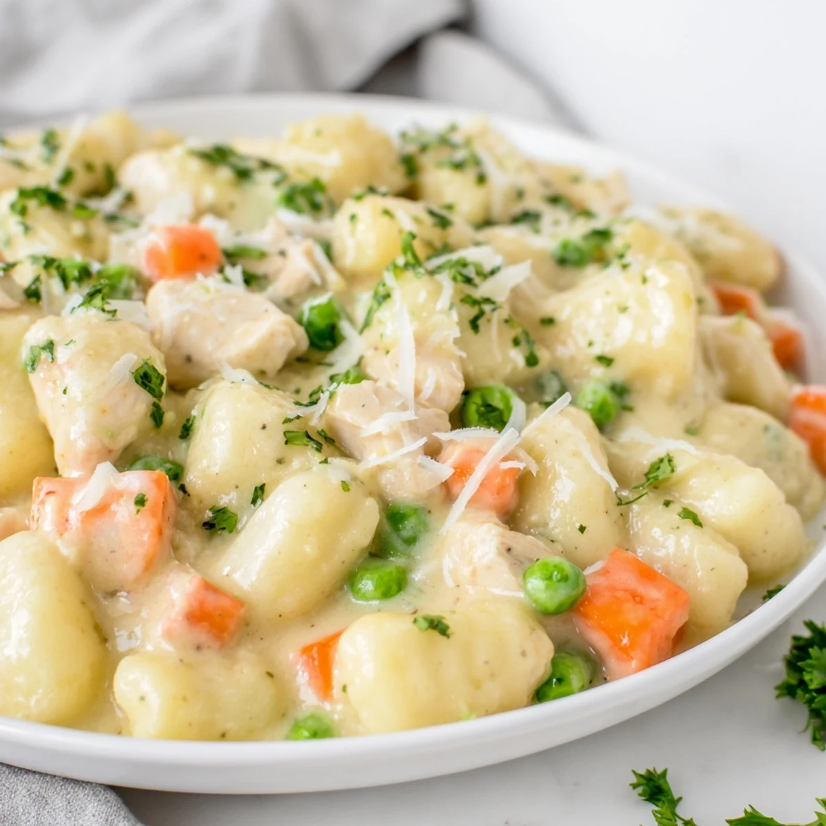 Golden one pot gnocchi chicken pot pie topped with fresh parsley garnish