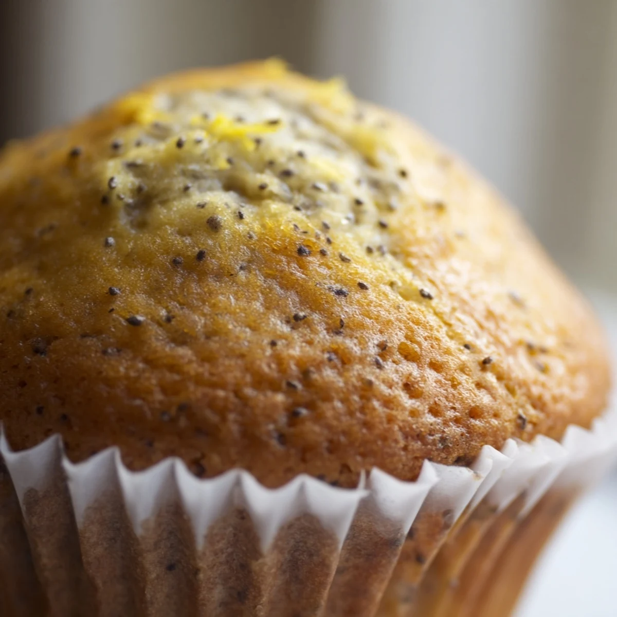 Golden lemon poppy seed muffins with domed tops fresh from the oven on a cooling rack