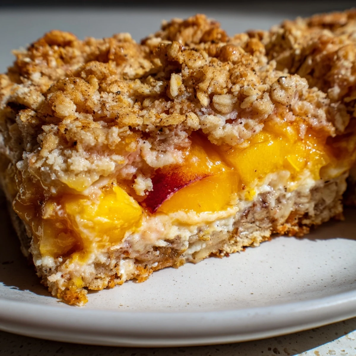 Warm peaches and cream crumble bars sliced to reveal layers of juicy fruit and creamy filling