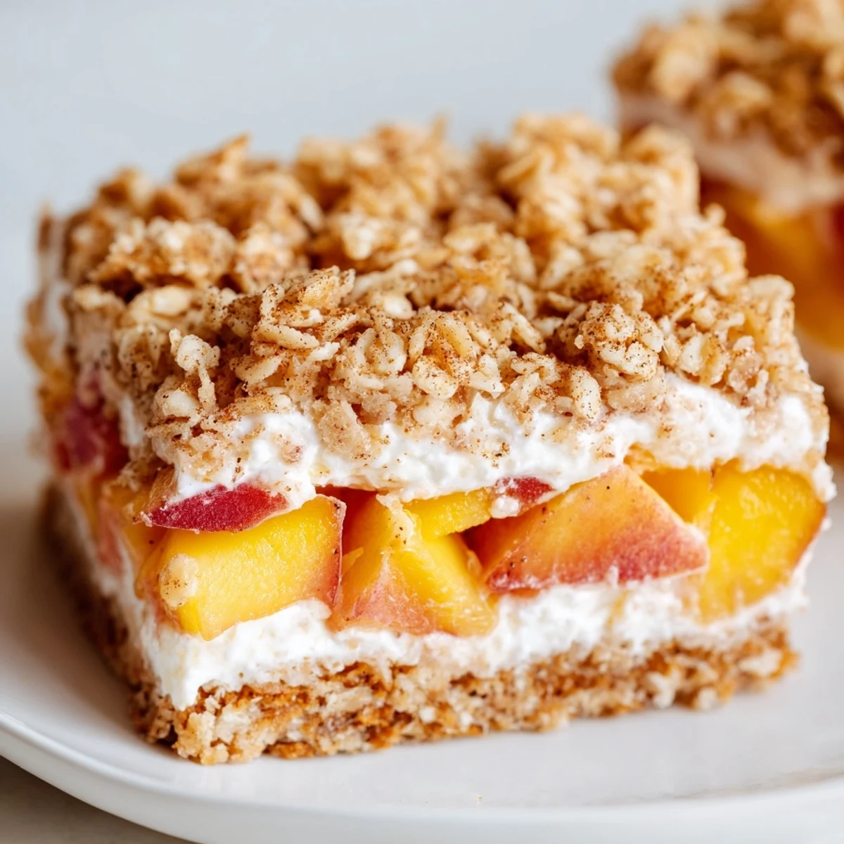 Golden peaches and cream crumble bars with buttery oat topping on a rustic plate