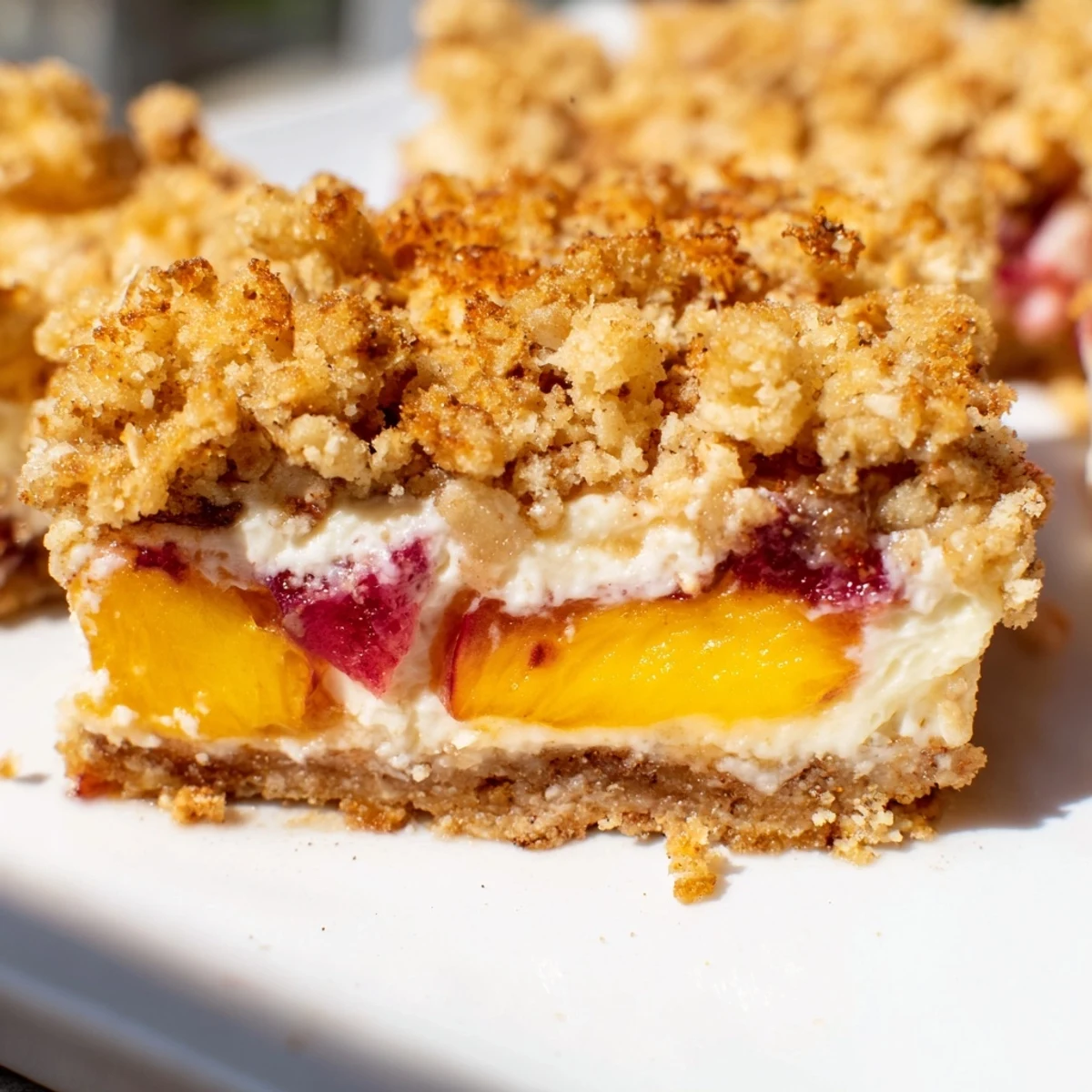 Chilled peaches and cream crumble bars dusted with cinnamon beside a scoop of vanilla ice cream