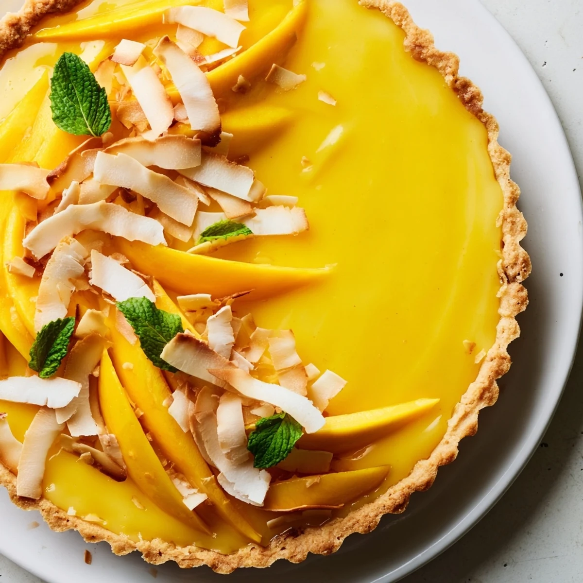 Silky mango curd fills a buttery crisp tart crust garnished with bright green mint leaves