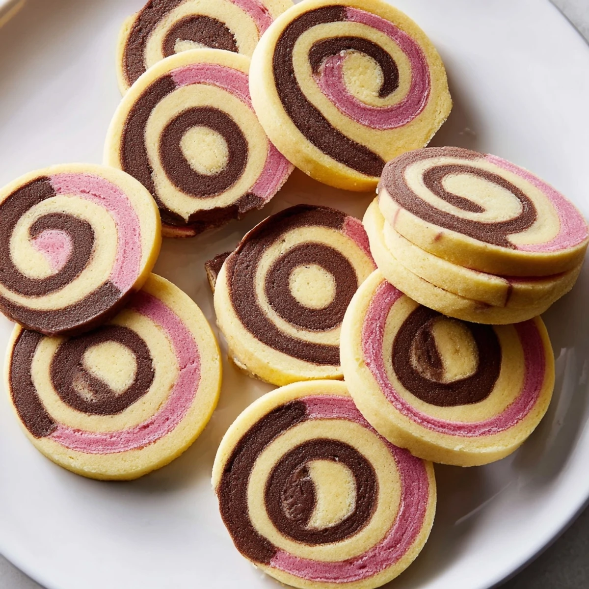 Neapolitan Swirl Cookies with pink, brown, and cream spirals on a rustic wooden cutting board