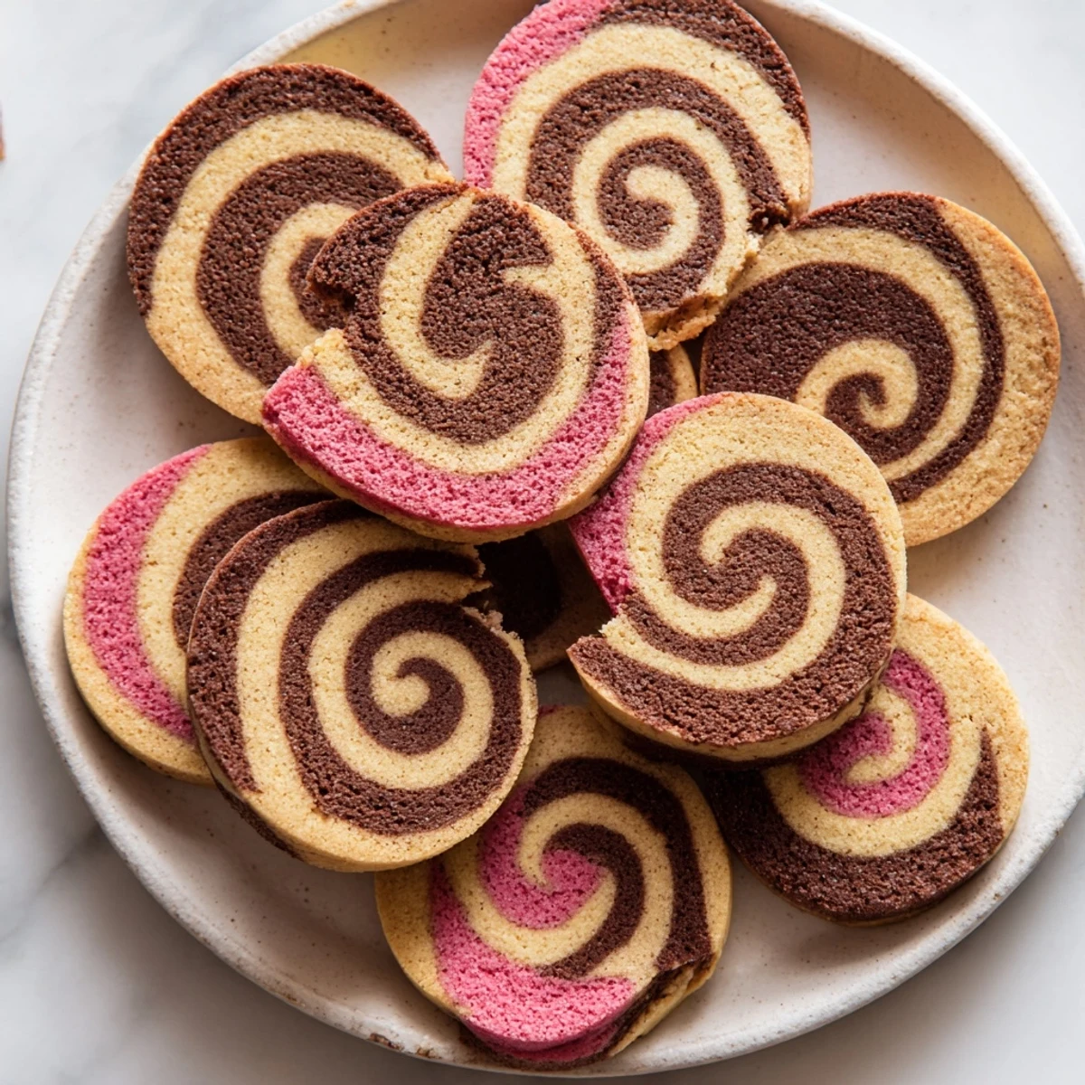 Slices of Neapolitan Swirl Cookies showing tri-colored pinwheel patterns arranged on a white ceramic platter