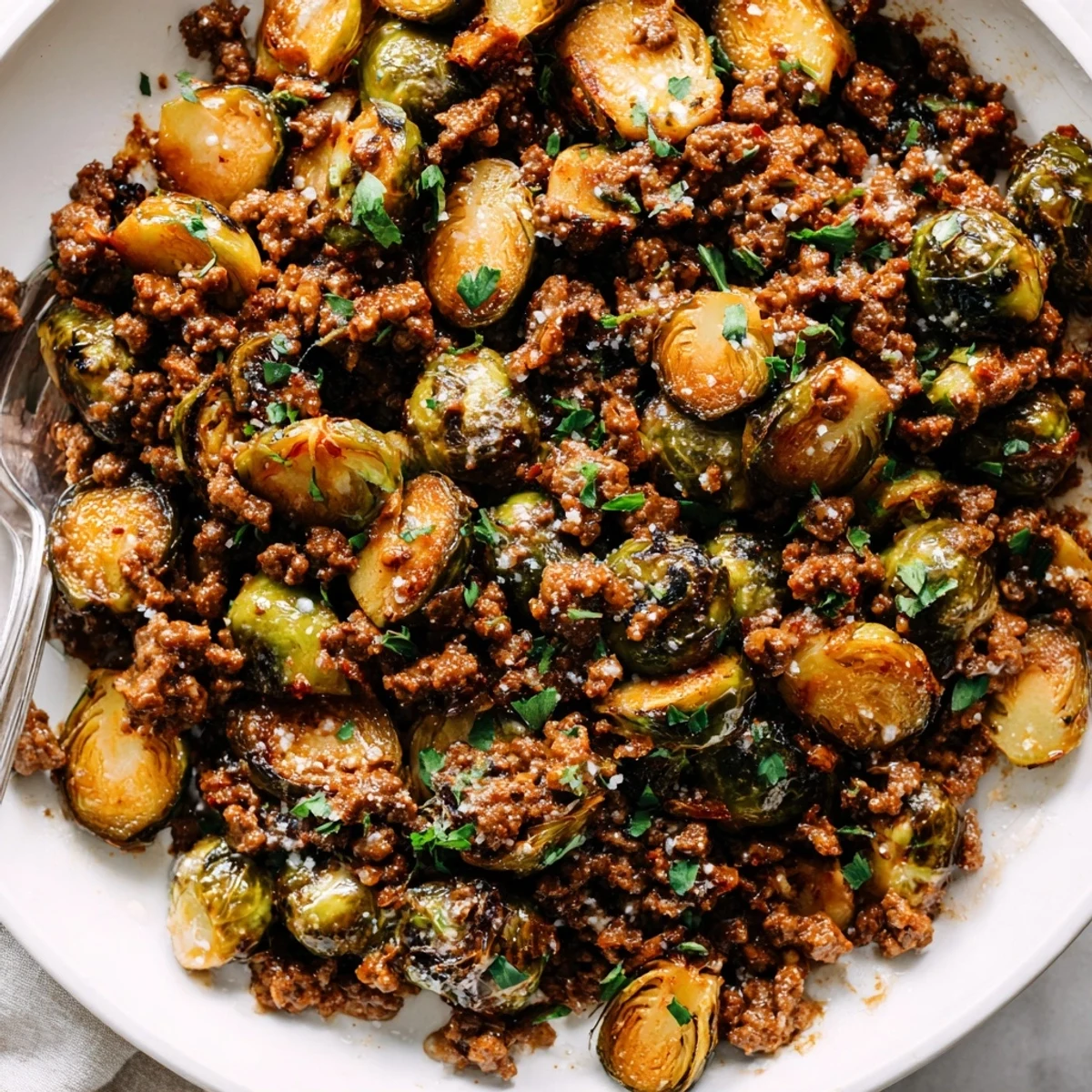 Golden brown Ground Beef Brussels Sprouts sizzling in a cast iron skillet with caramelized edges