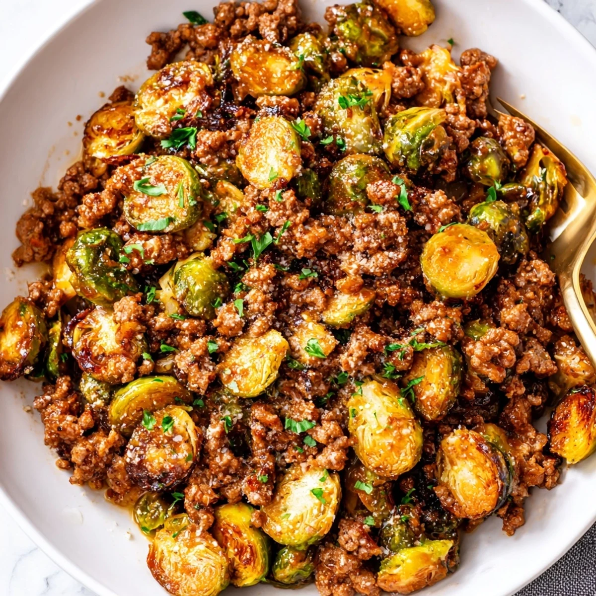 Hearty Ground Beef Brussels Sprouts skillet dinner topped with fresh parsley and Parmesan cheese