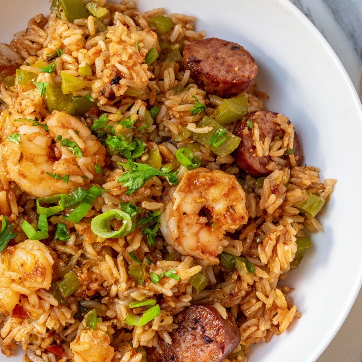 Hearty shrimp and sausage dirty rice steaming in a cast iron skillet