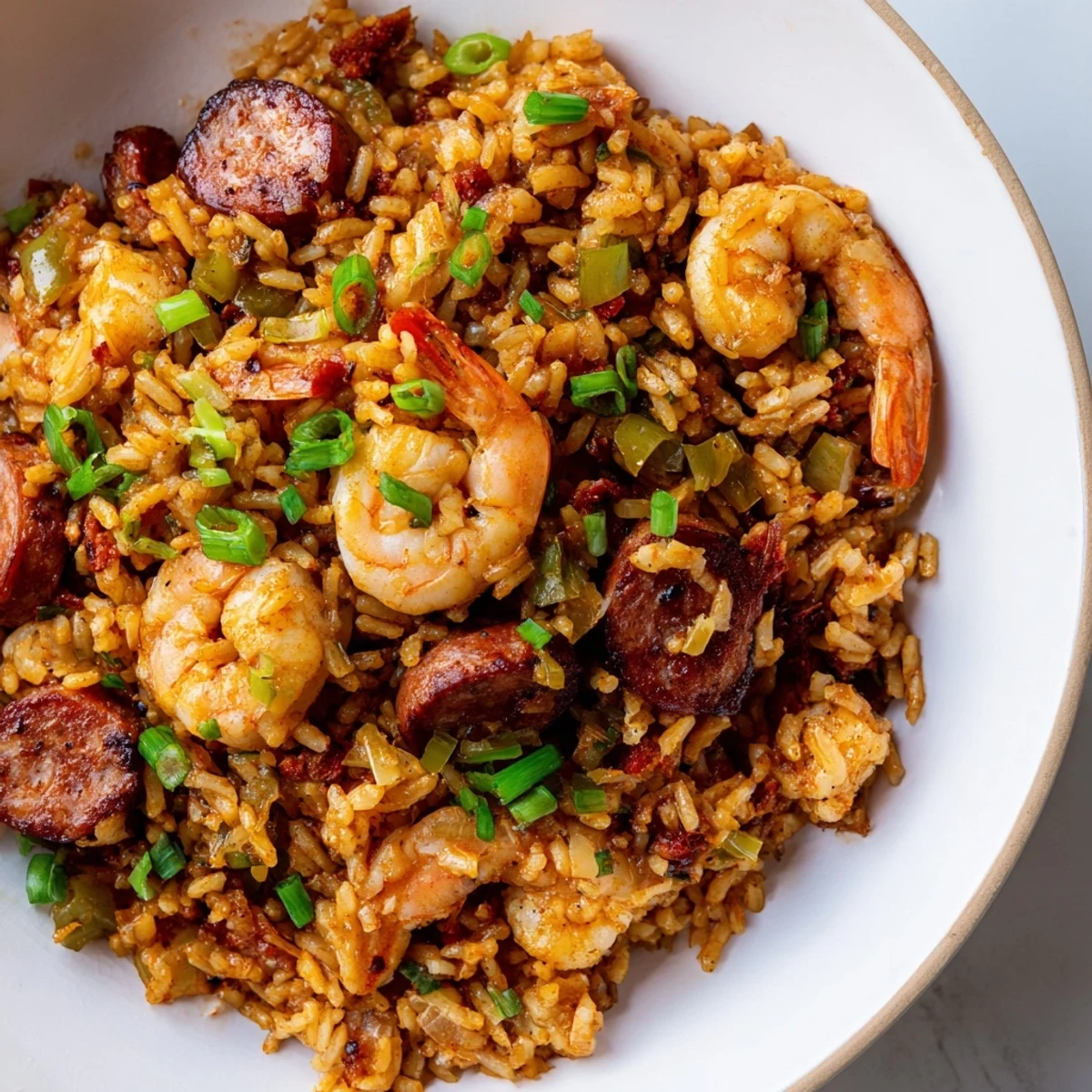 Golden shrimp and sausage dirty rice topped with fresh scallions and parsley