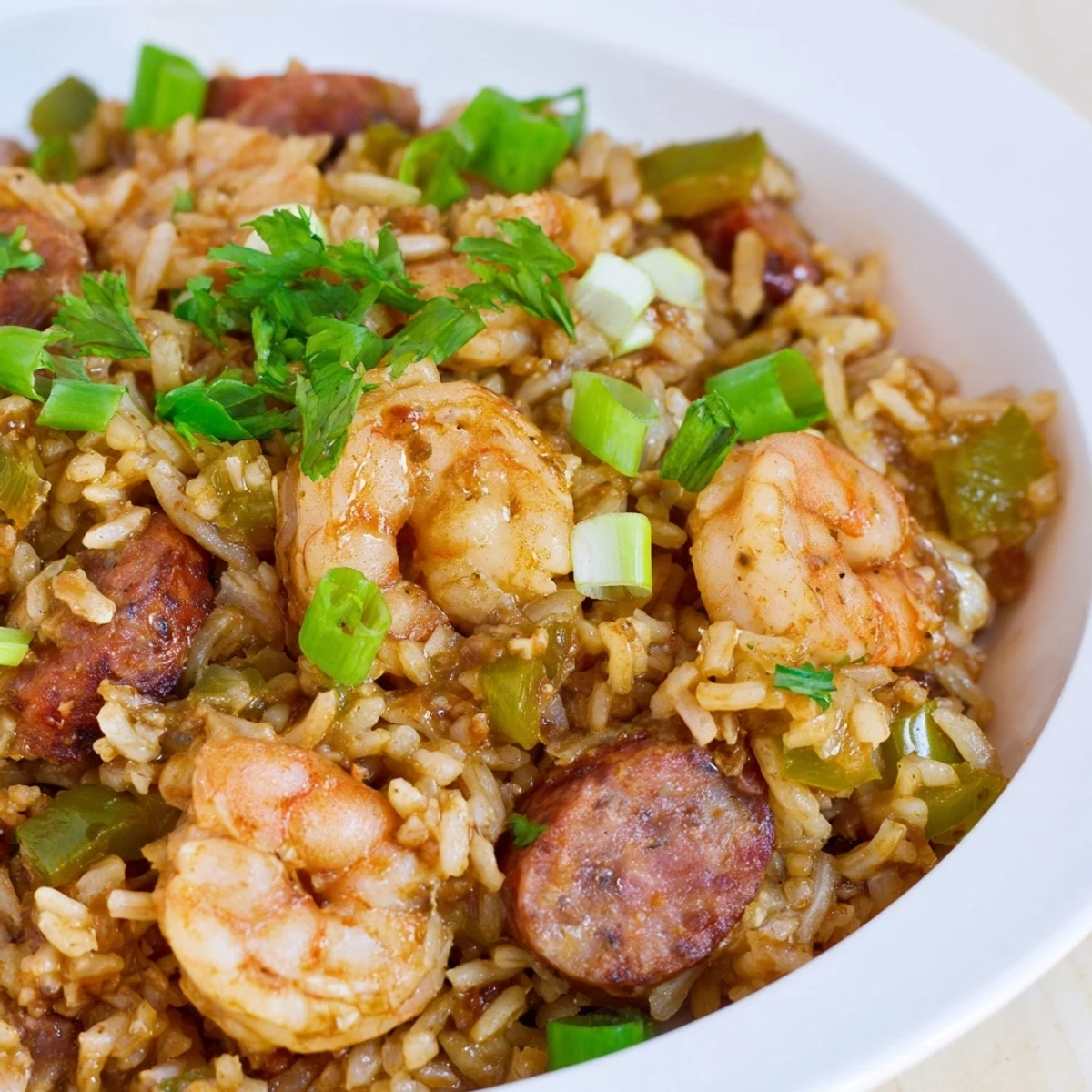 Spicy shrimp and sausage dirty rice served in rustic white bowl