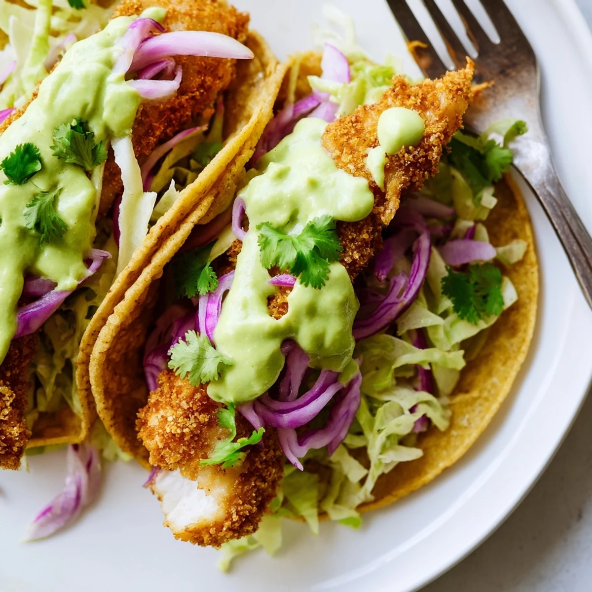 Golden crispy Baja Fish Tacos topped with creamy avocado crema on a rustic plate
