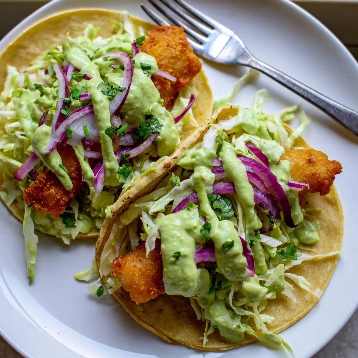 Crispy battered fish in warm corn tortillas drizzled with bright green avocado crema
