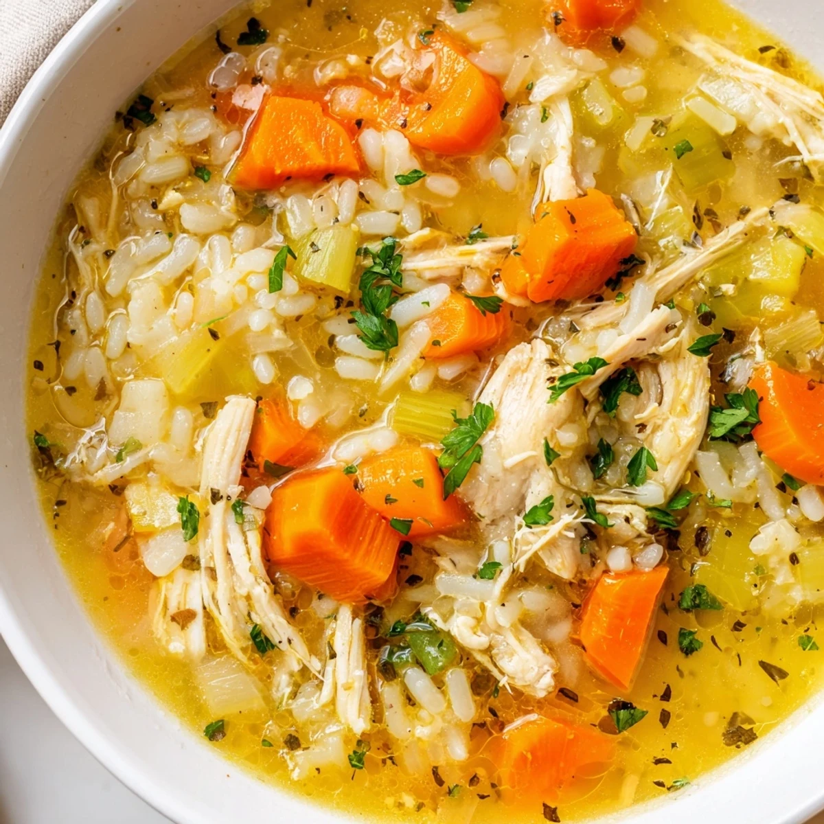 Golden crockpot lemon chicken soup brimming with tender shredded chicken and vegetables