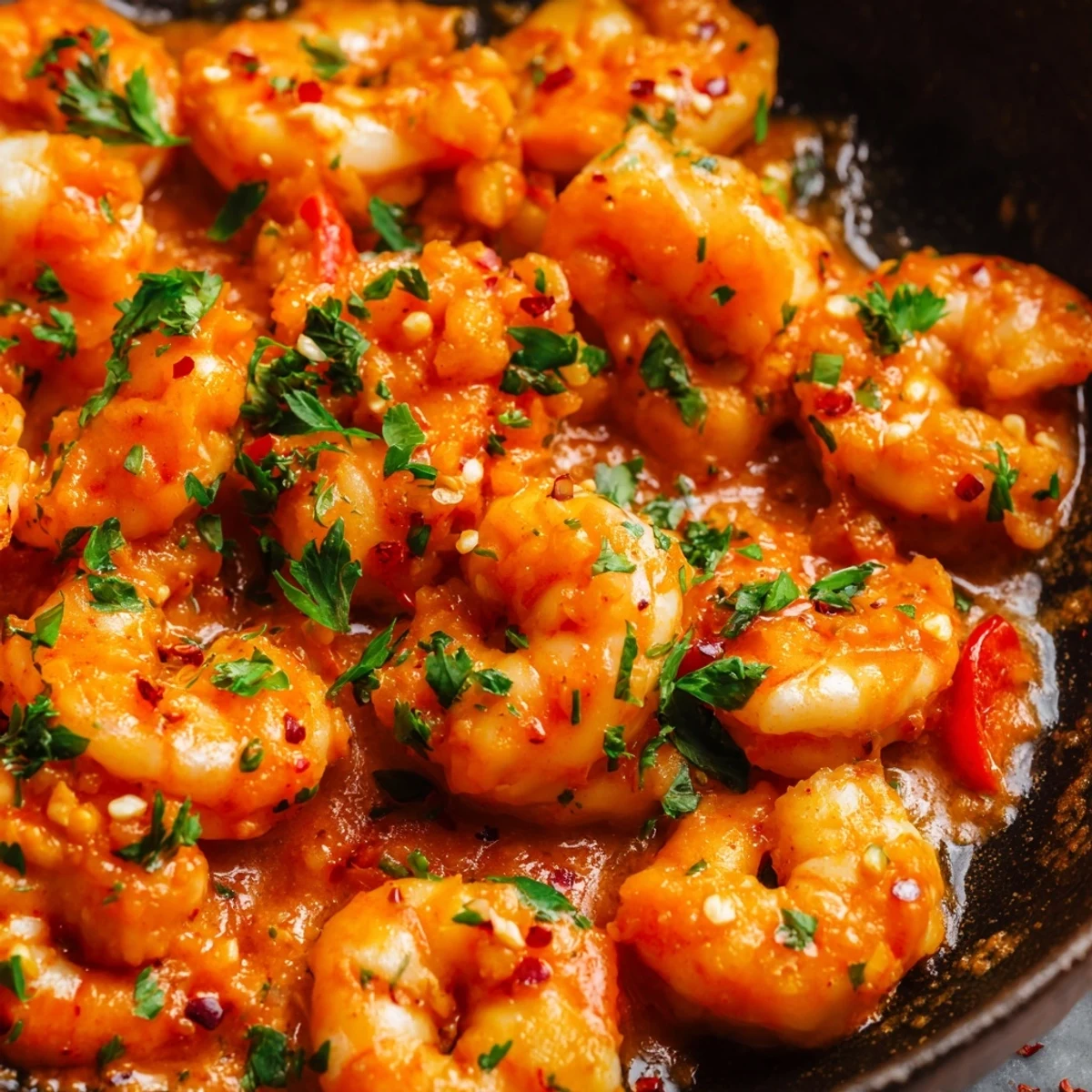 Golden garlic paprika shrimp skillet garnished with fresh parsley and lemon wedges