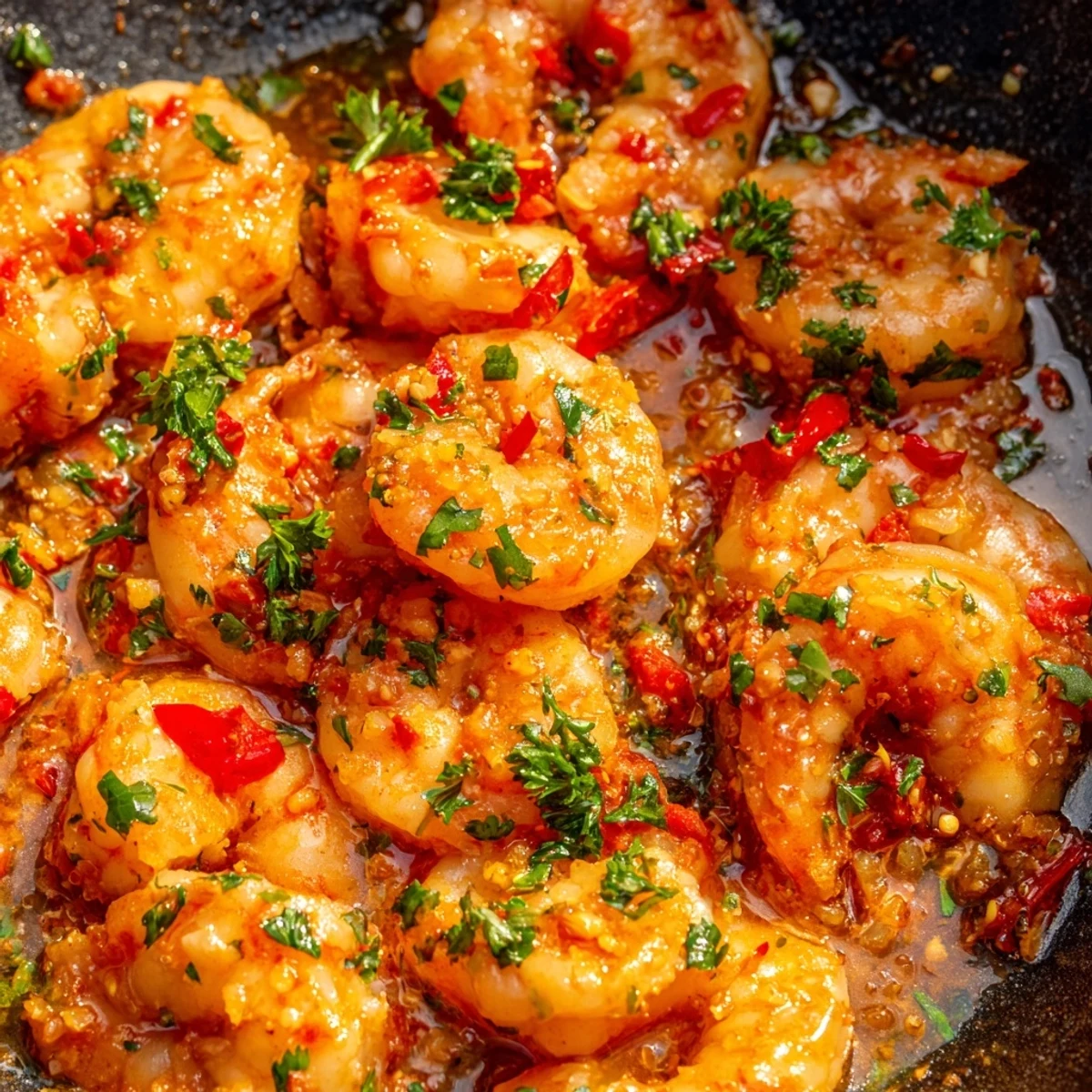 Vibrant garlic paprika shrimp skillet served in a cast iron pan with bell peppers