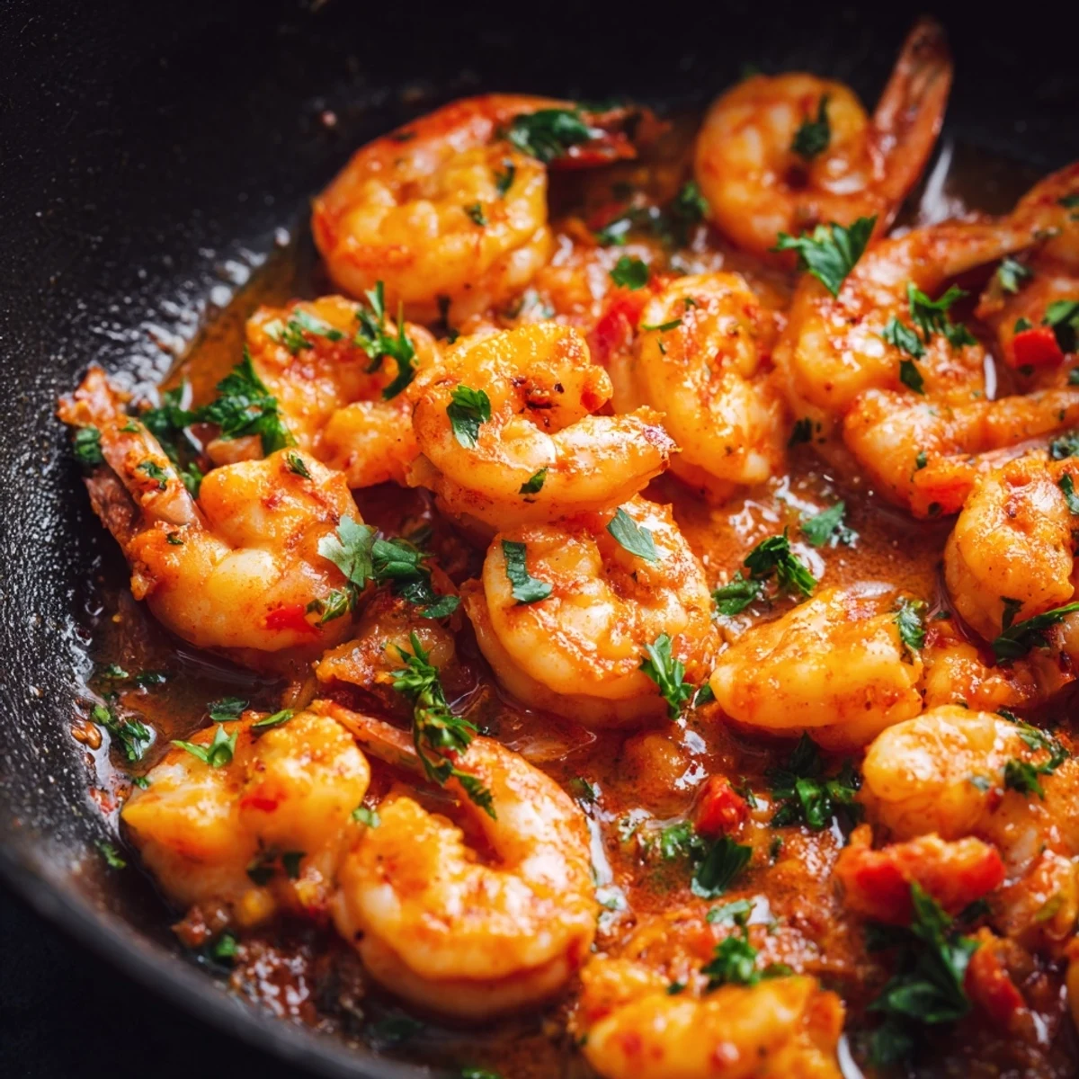 Sizzling garlic paprika shrimp skillet with pink curled shrimp in smoky spiced oil
