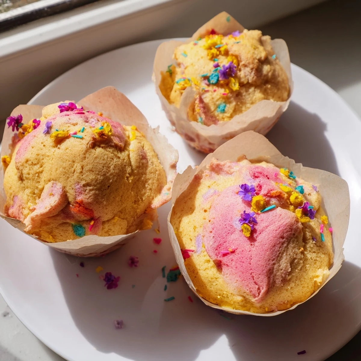 Fluffy steamed blooming cupcakes with cracked golden tops on a rustic plate