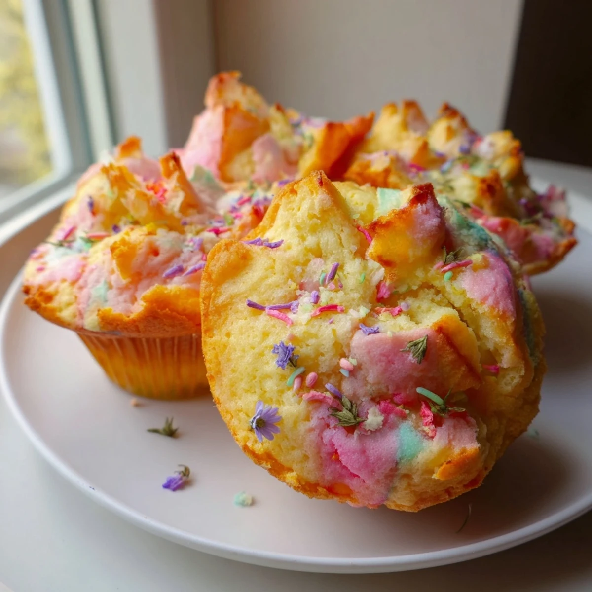 Soft steamed blooming cupcakes bursting open, topped with colorful edible flower petals