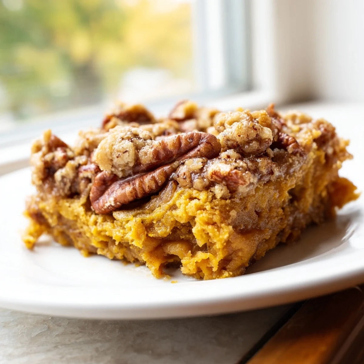 Warm pumpkin dump cake in a baking dish with buttery pecan topping