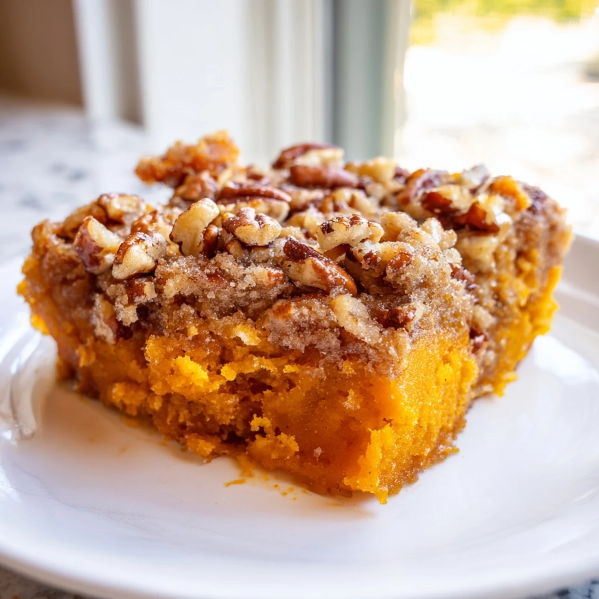 Creamy pumpkin dump cake slice topped with whipped cream and spices