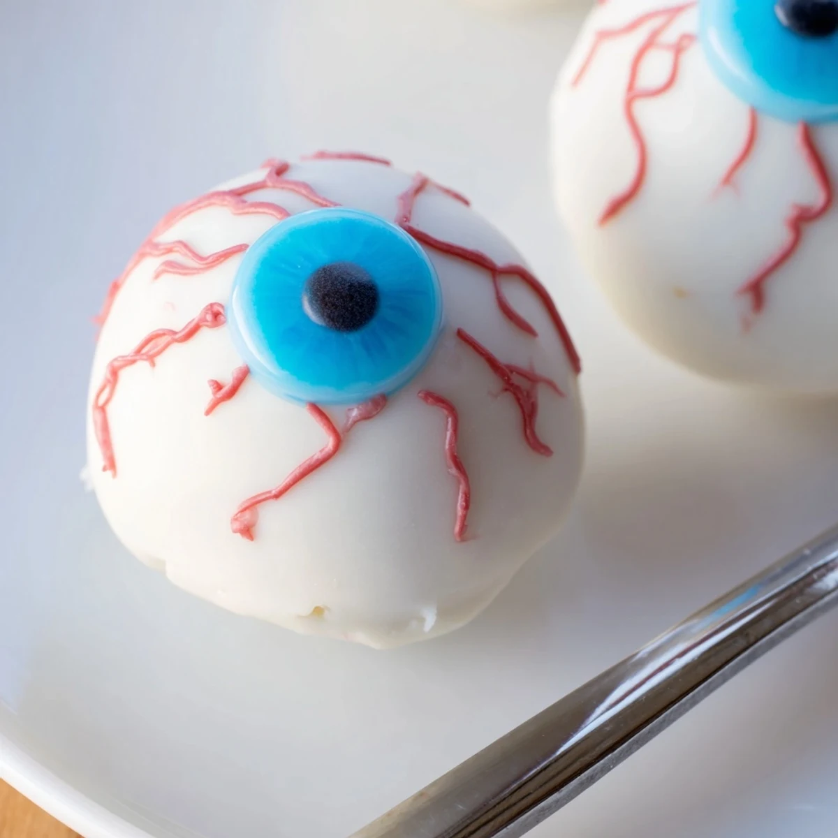 Halloween Cake Eyeballs with red veins and blue irises on a spooky party platter