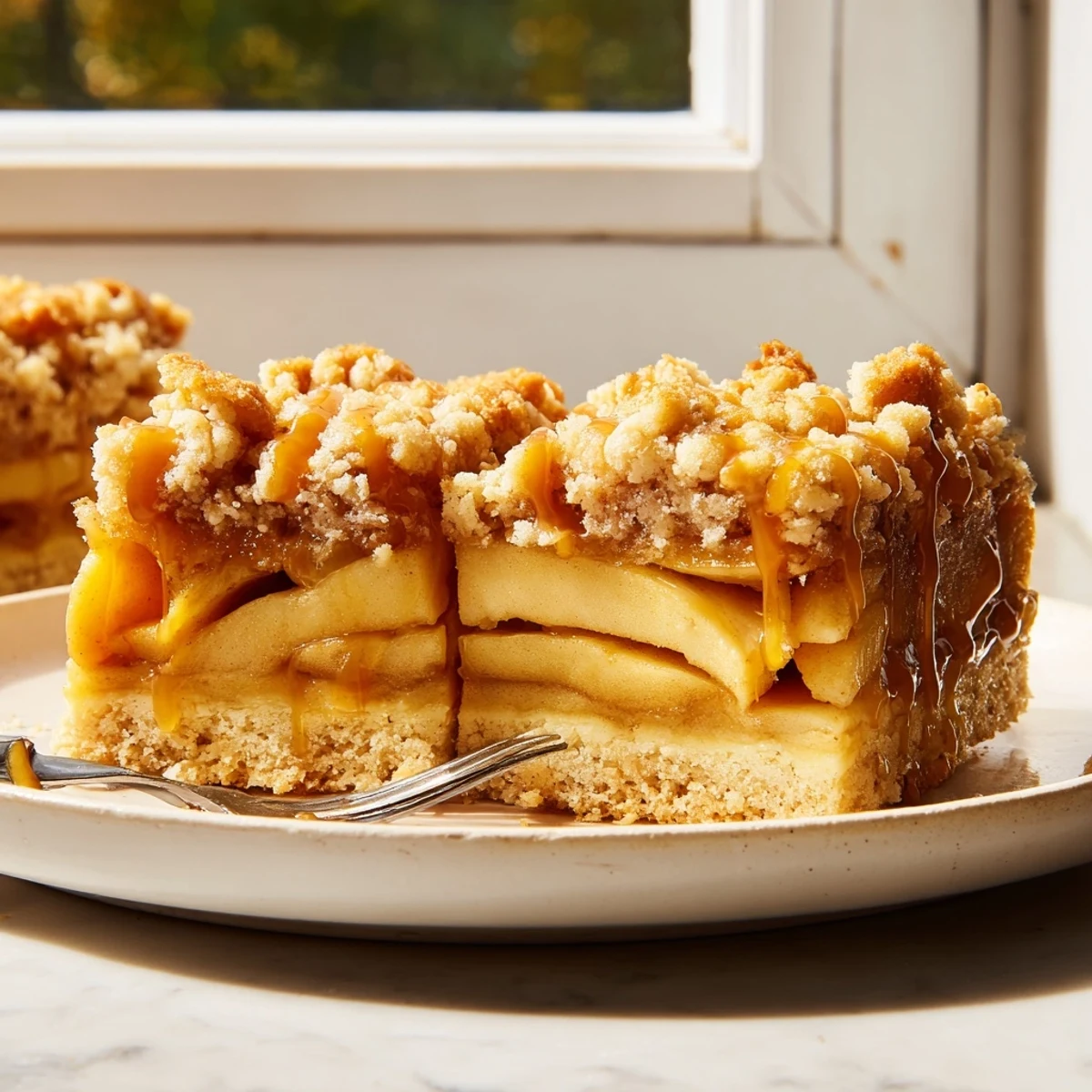 Golden caramel apple crumb bars with cinnamon-spiced filling and a buttery crumb topping.