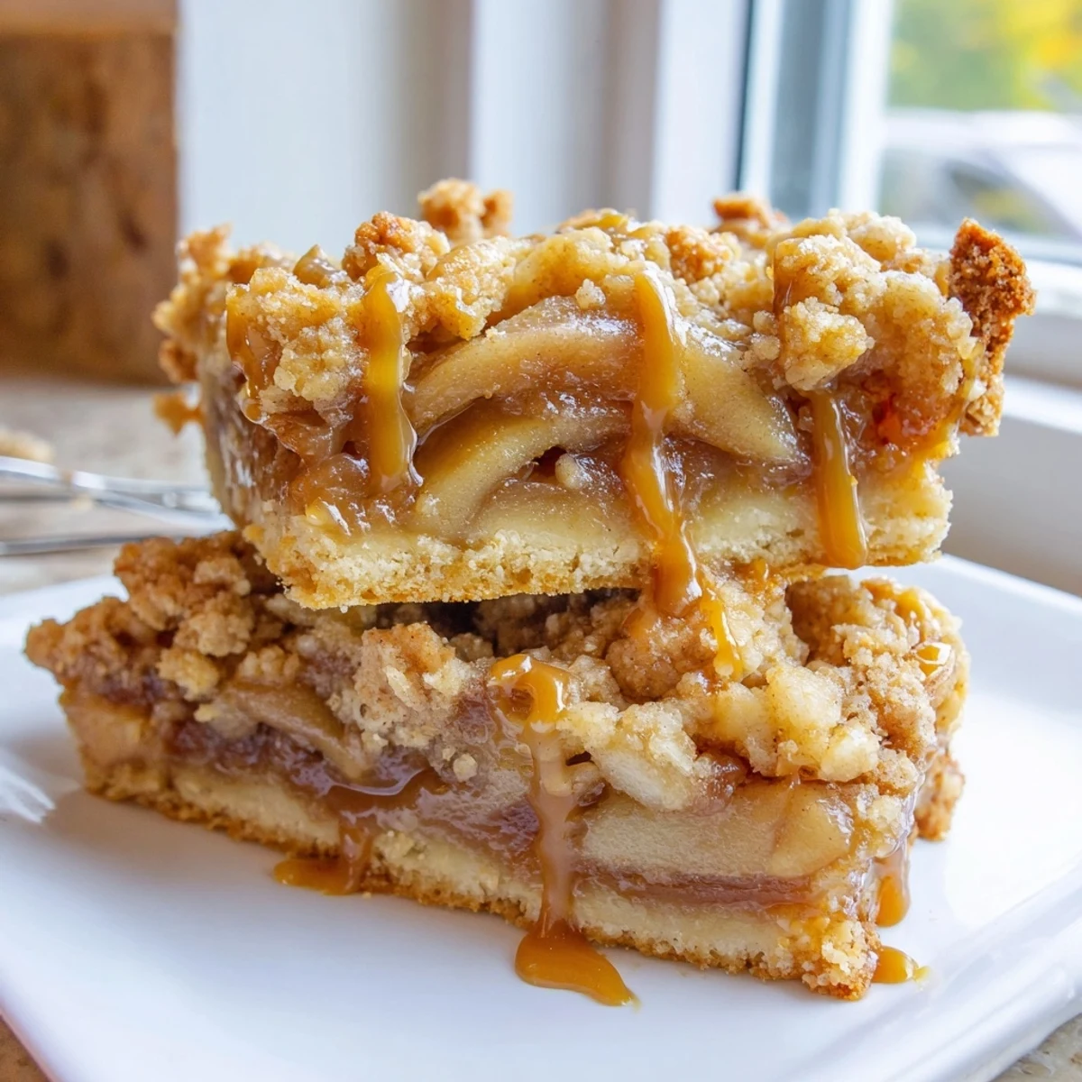 Warm caramel apple crumb bars sliced to reveal gooey apple filling on tender shortbread.