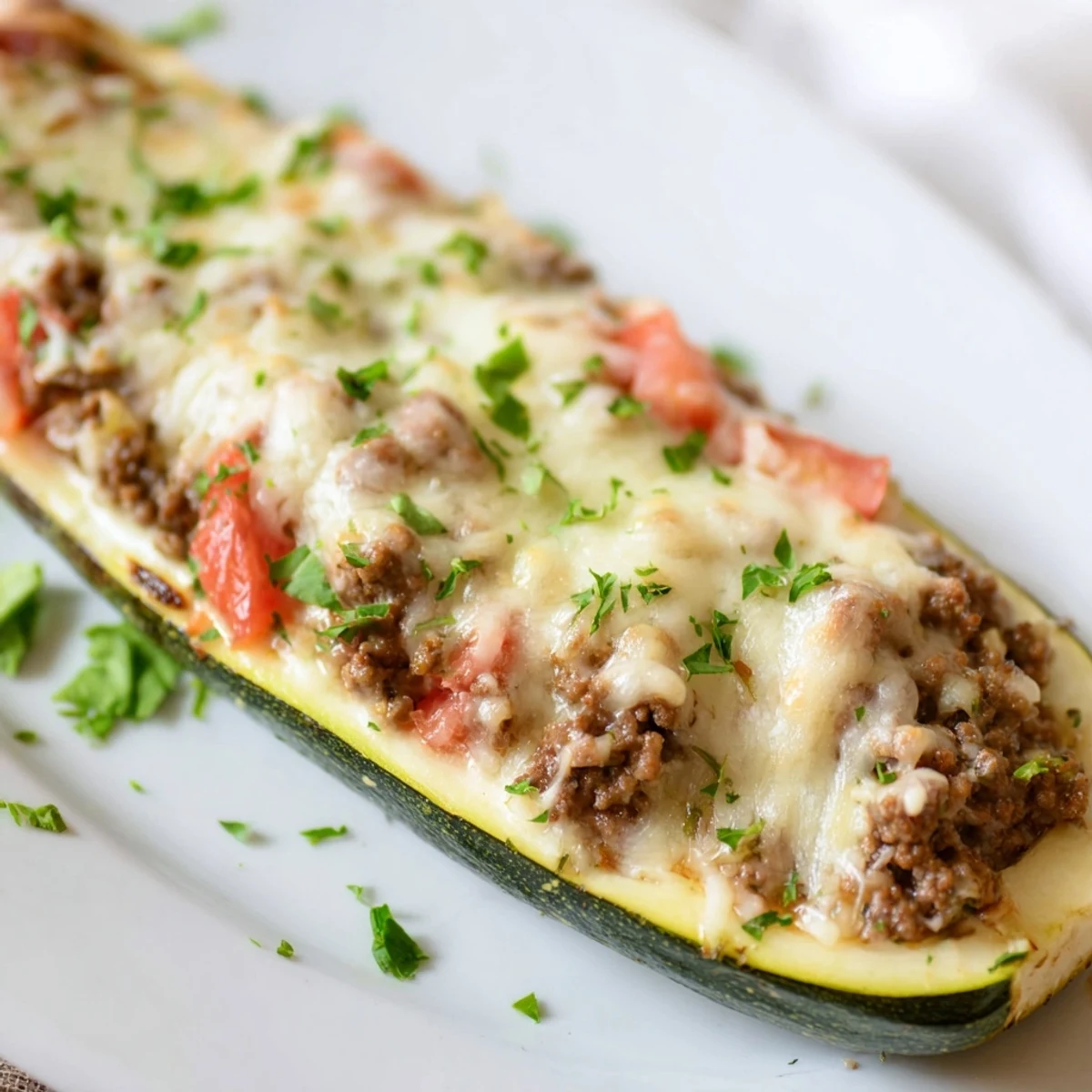Golden stuffed zucchini boats with ground beef and melted mozzarella on a baking dish