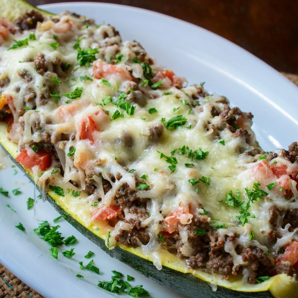 Tender baked zucchini boats filled with seasoned ground beef and bubbling Parmesan cheese