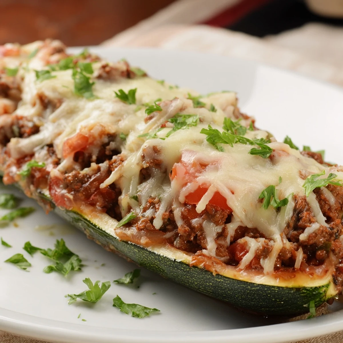 Savory ground beef stuffed zucchini boats garnished with fresh parsley on a white plate