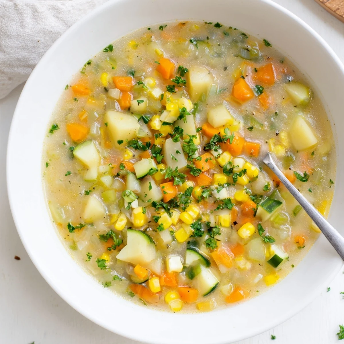 Creamy hearty potato corn zucchini soup with tender diced vegetables in a rustic bowl