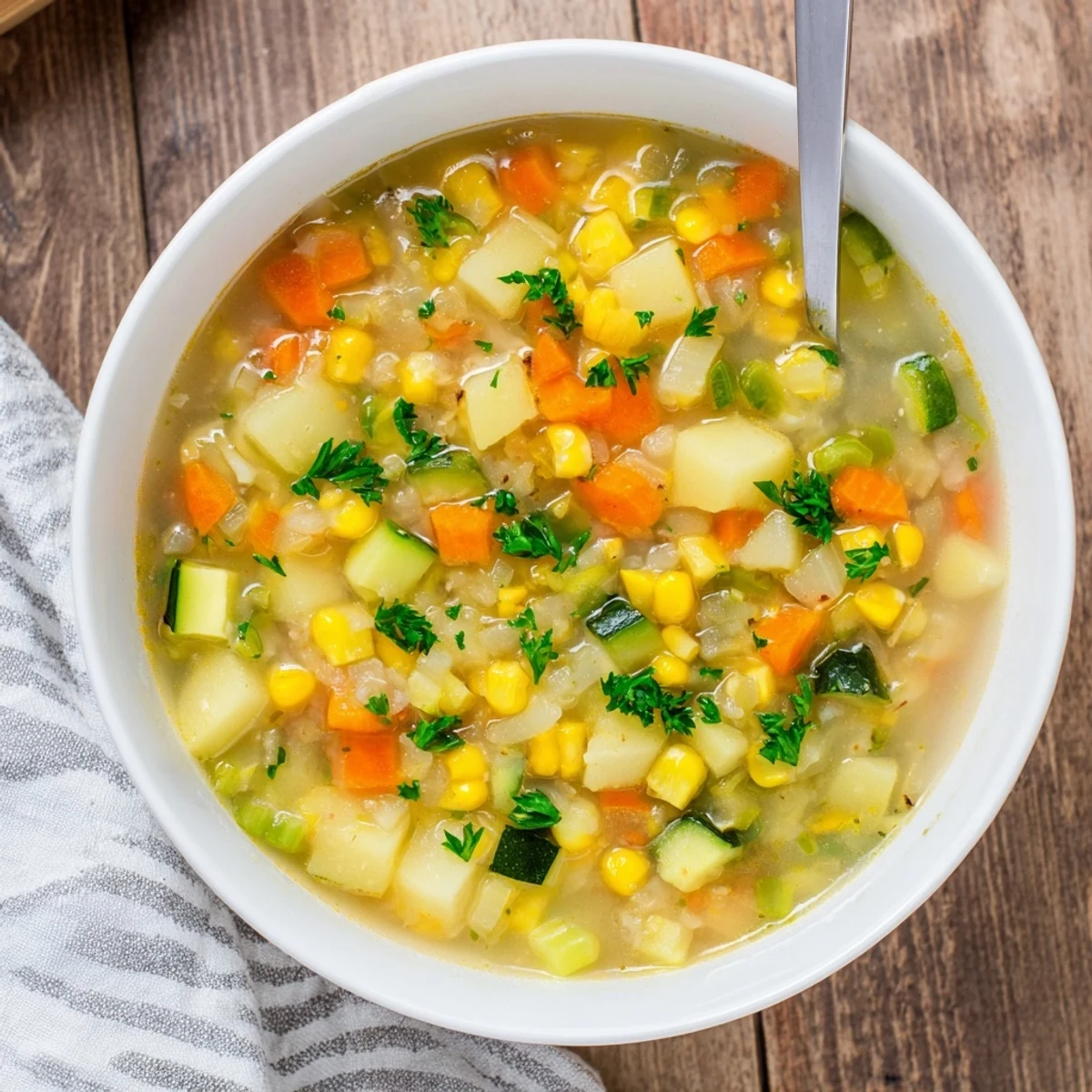 Steaming bowl of hearty potato corn zucchini soup garnished with fresh parsley