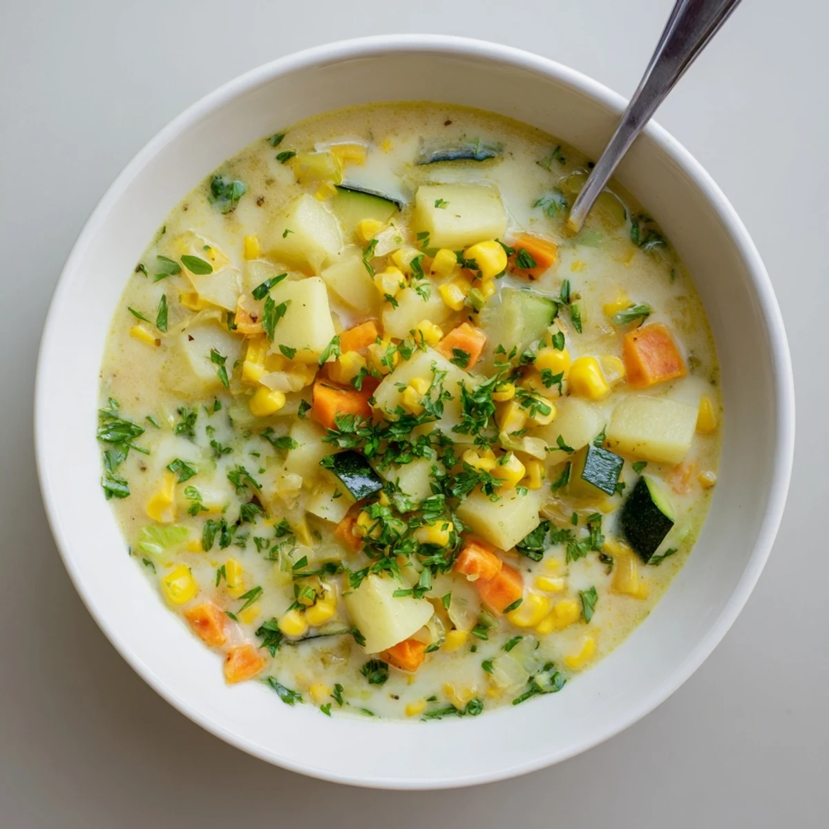 Golden hearty potato corn zucchini soup ladled hot over sweet corn kernels
