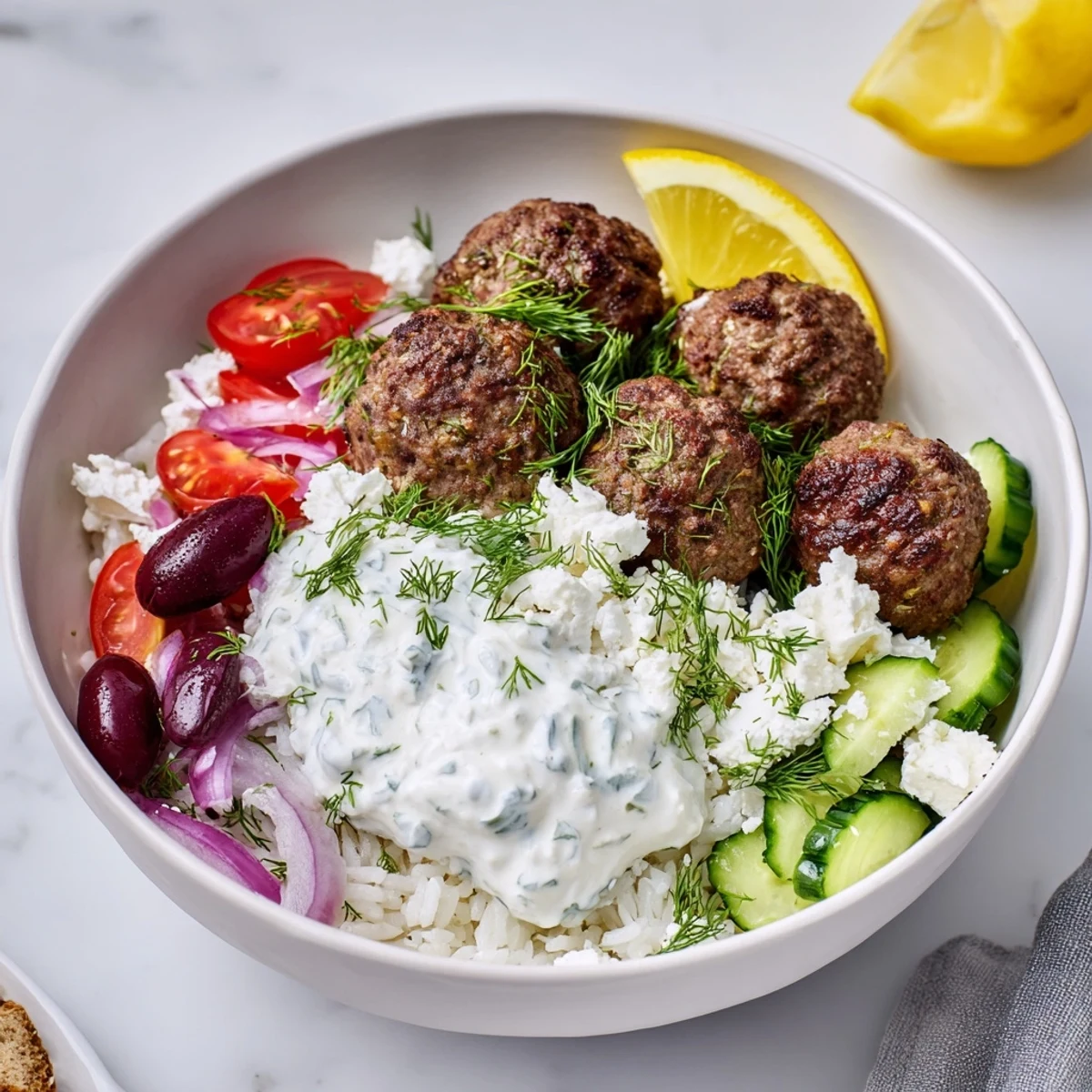 Golden brown Greek meatball bowl with crumbled feta and creamy tzatziki drizzle