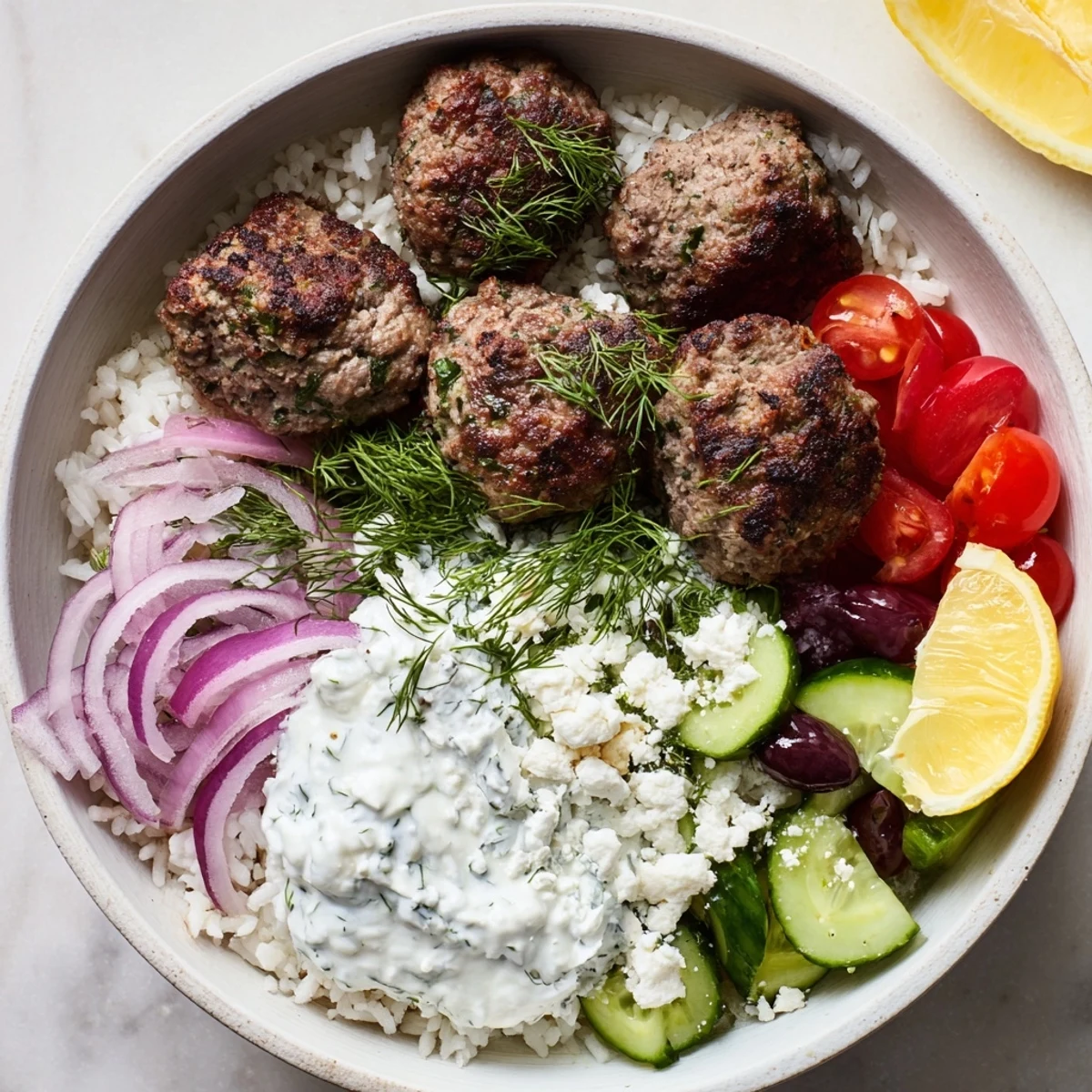 Juicy herb-spiced Greek meatball bowl served over rice with crisp cherry tomatoes