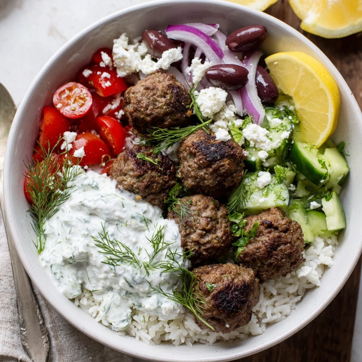 A vibrant Greek meatball bowl topped with tangy tzatziki and lemon wedges
