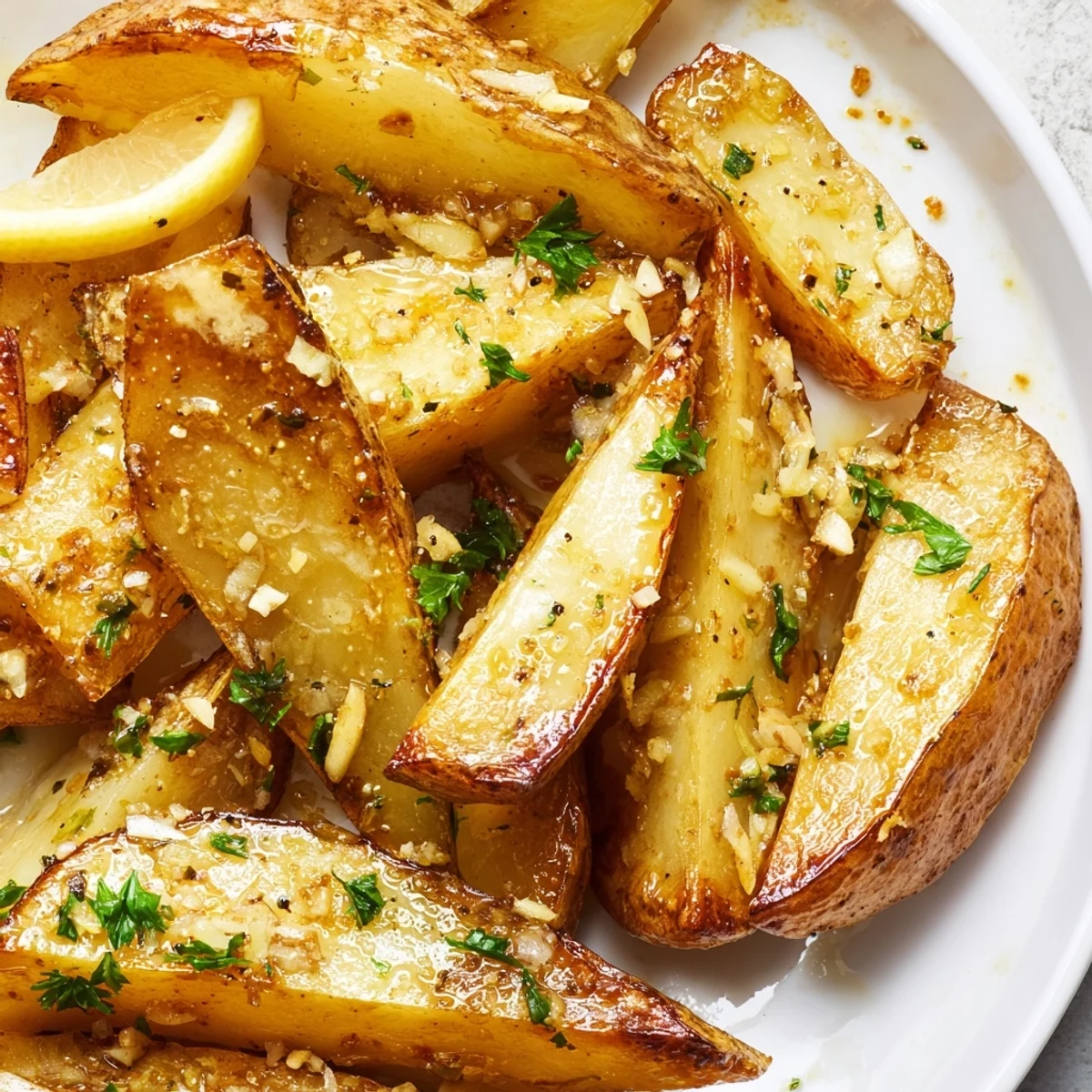 Warm pile of Authentic Greek Lemon Potatoes Recipe, herb-speckled, served with lemon wedges