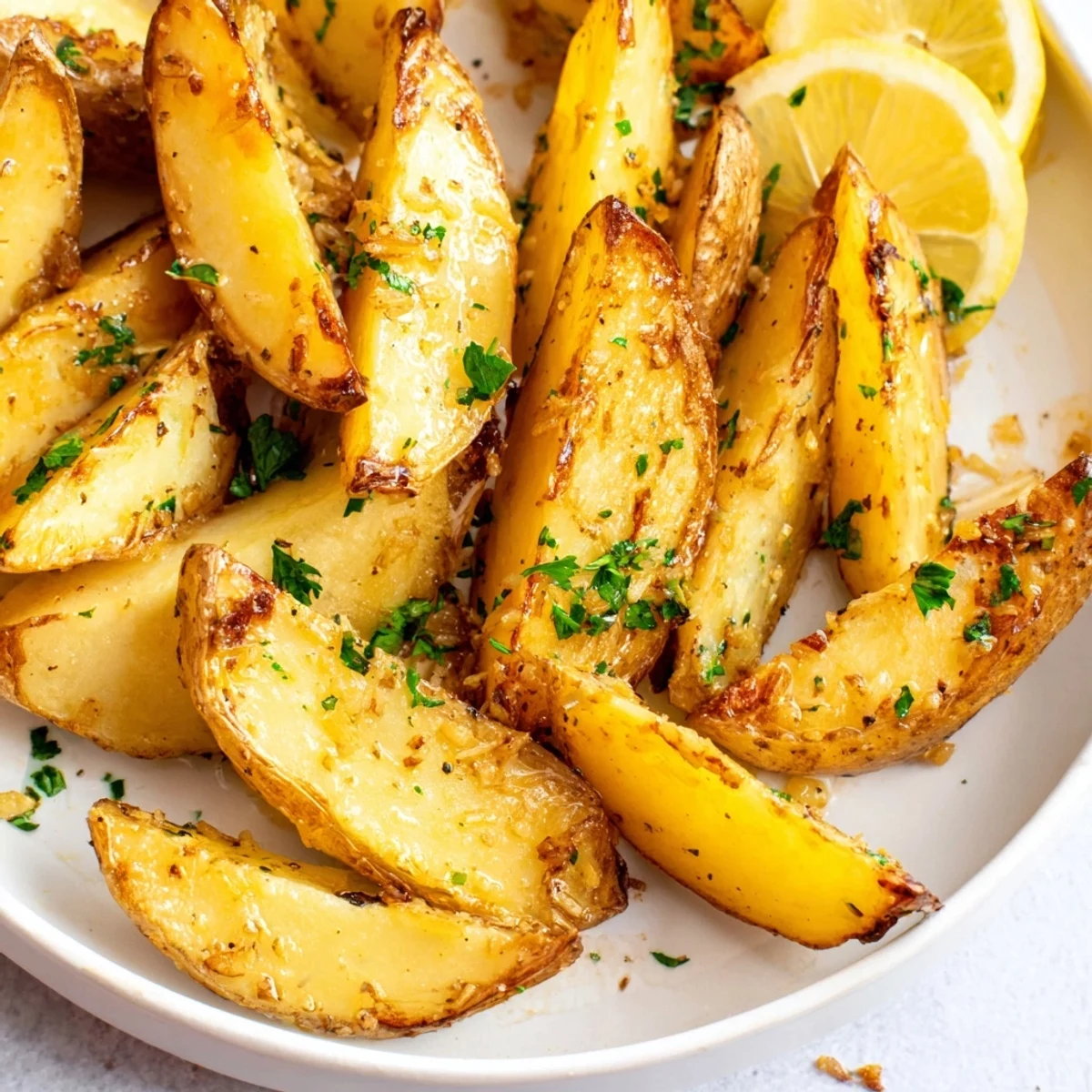 Roasted Authentic Greek Lemon Potatoes Recipe glistening in pan juices, garnished with parsley