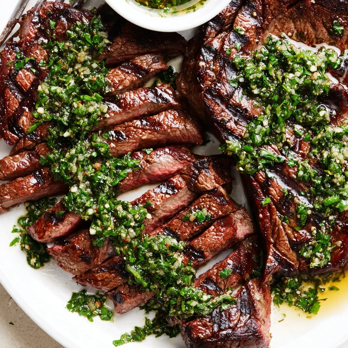 Chimichurri Steak Recipe with juicy grilled ribeye, bright parsley and garlic sauce.