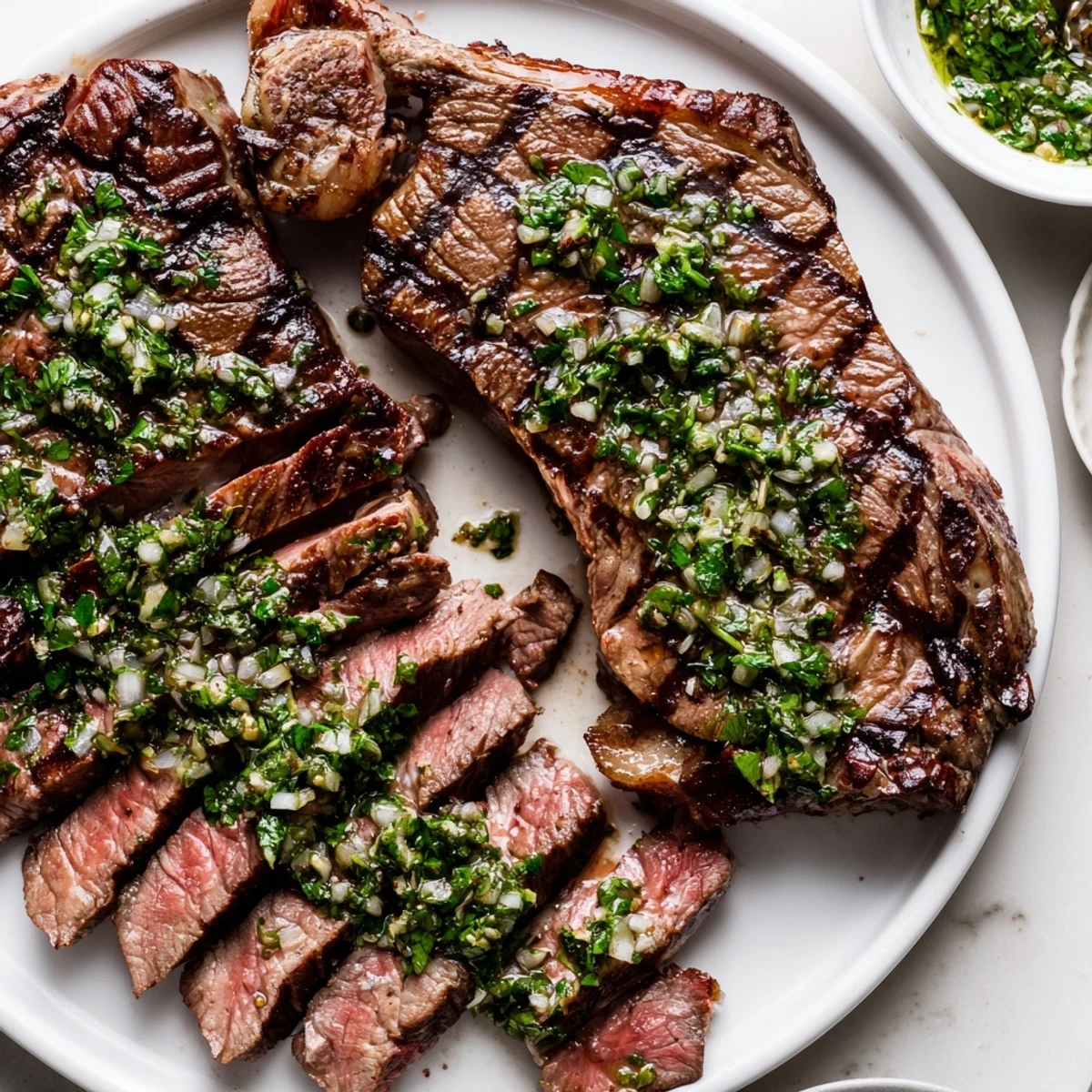 Sliced Chimichurri Steak Recipe arranged on platter, zesty oil and lemon.