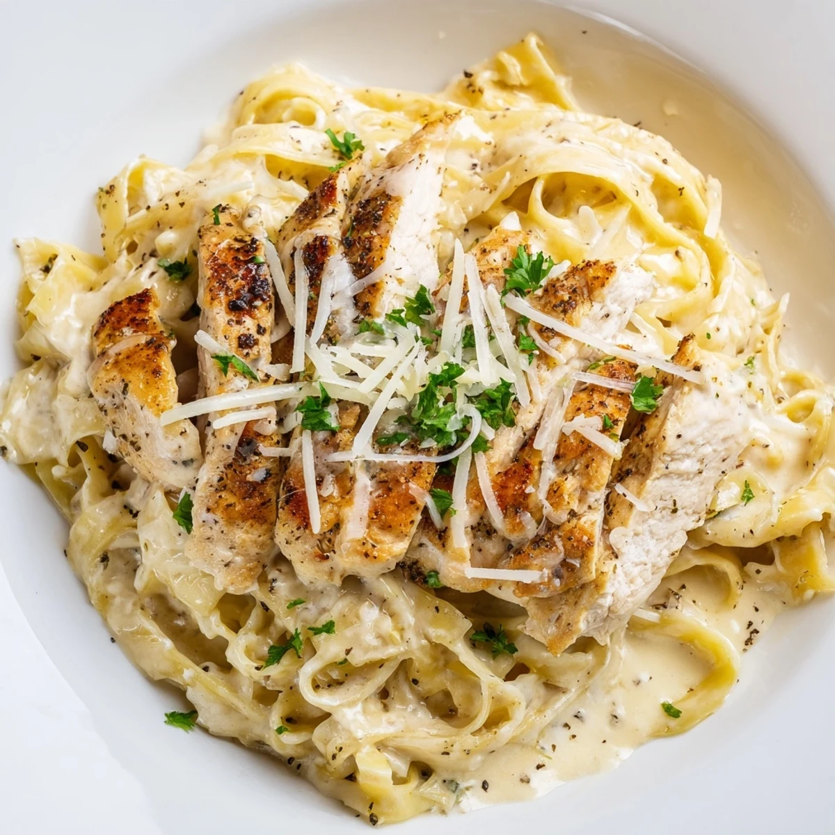 Creamy Garlic Chicken Pasta plated with parsley, melting Parmesan, steaming, inviting