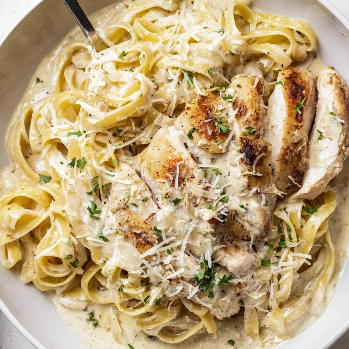 Sliced seared chicken over Creamy Garlic Chicken Pasta, silky sauce clinging